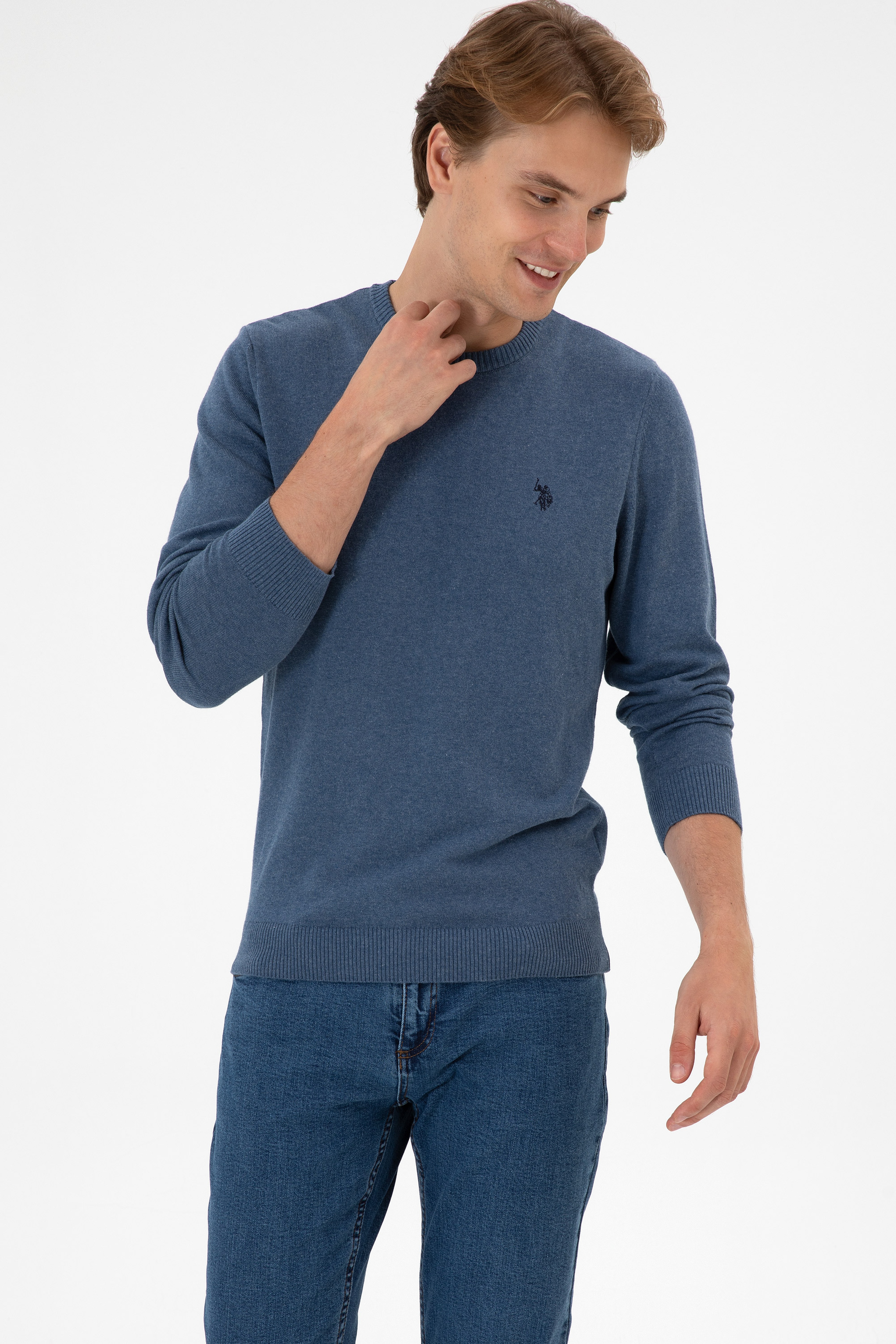 Erkek Slim Fit Bisiklet Yaka Koyu Mavi Melanj Basic Kazak - Image 3