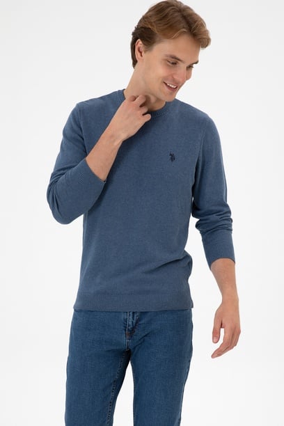 Erkek Slim Fit Bisiklet Yaka Koyu Mavi Melanj Basic Kazak