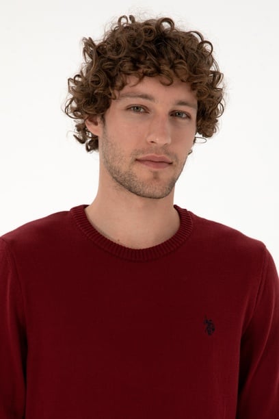 Erkek Slim Fit Bisiklet Yaka Bordo Basic Kazak