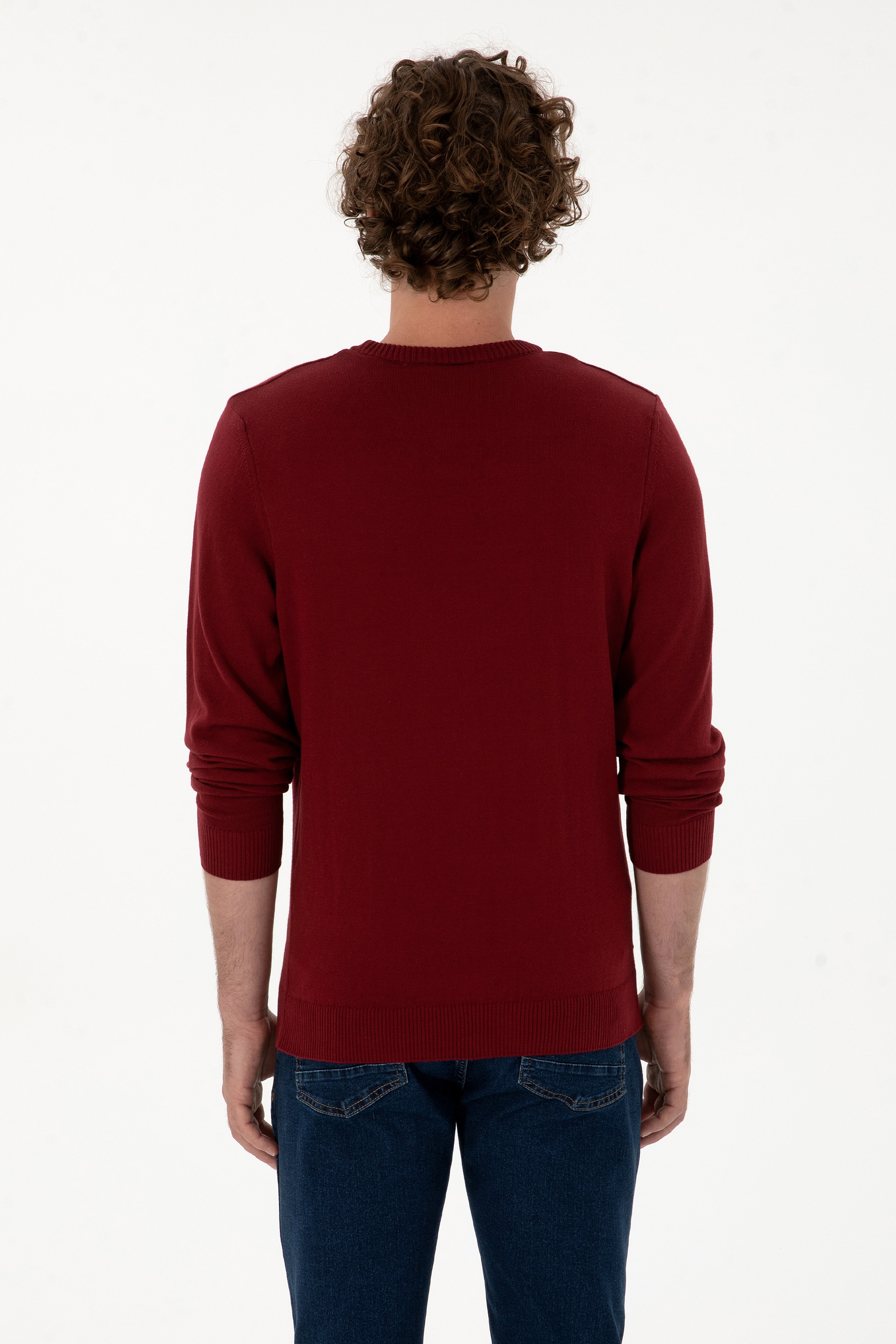 Erkek Slim Fit Bisiklet Yaka Bordo Basic Kazak