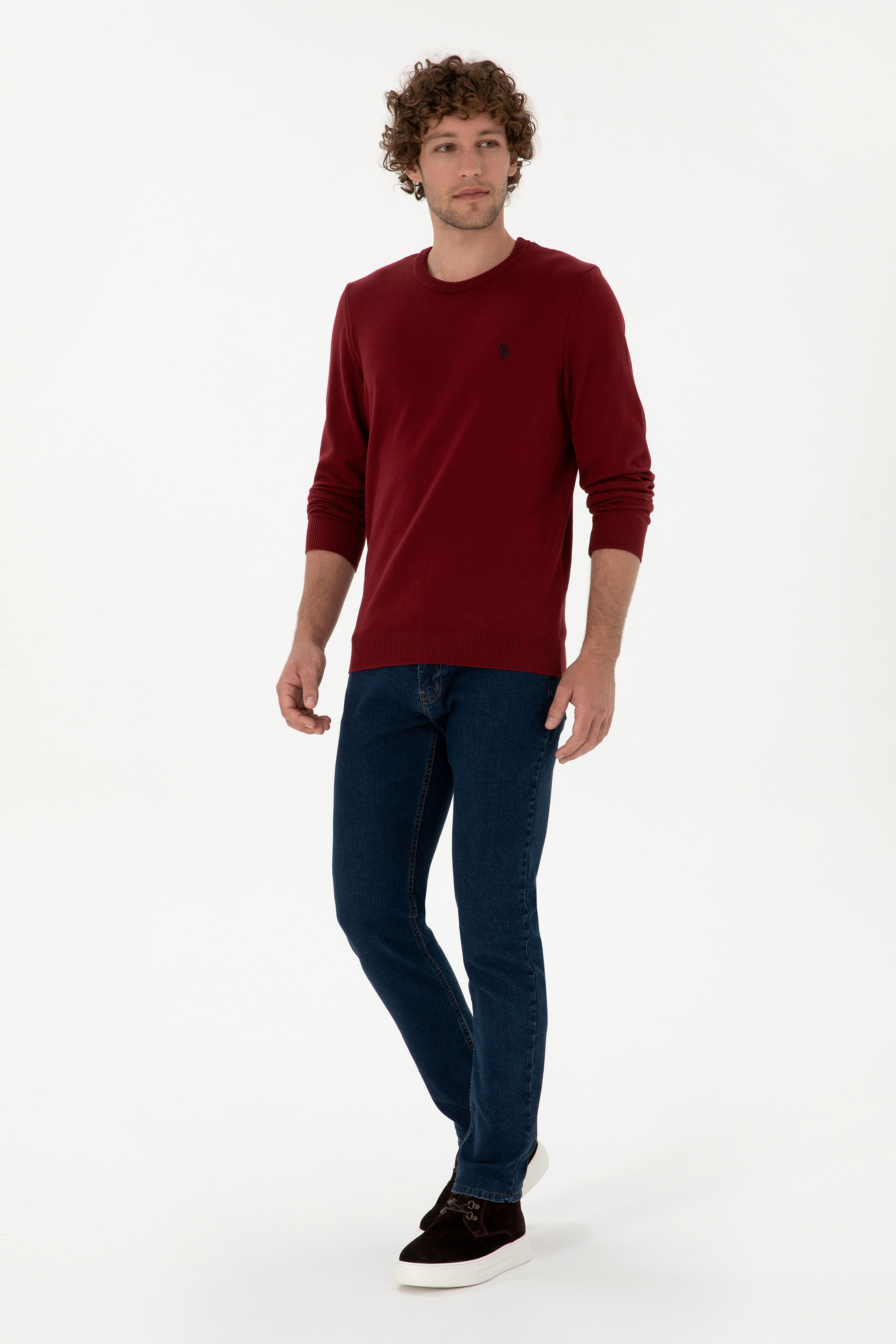 Erkek Slim Fit Bisiklet Yaka Bordo Basic Kazak