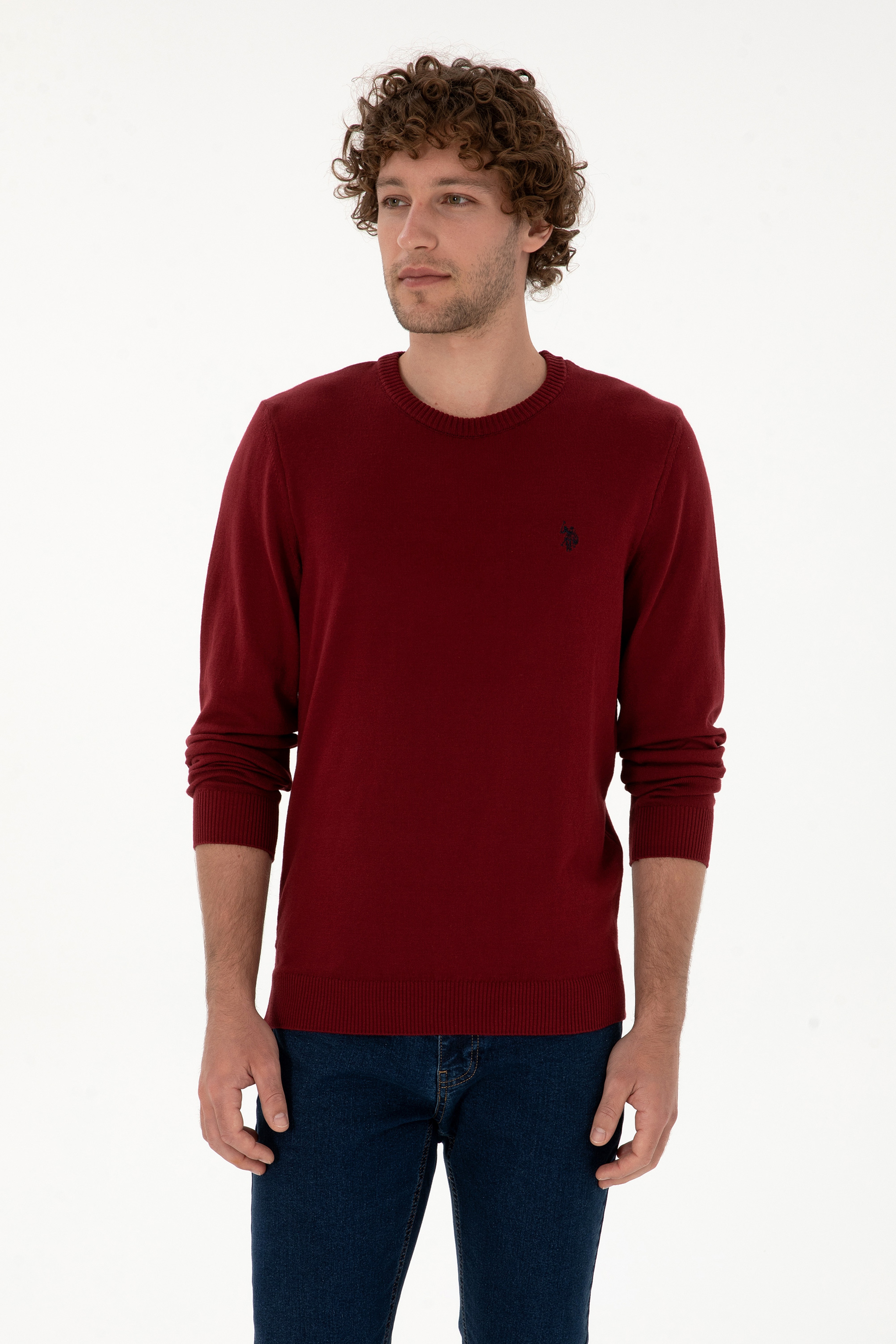 Erkek Slim Fit Bisiklet Yaka Bordo Basic Kazak