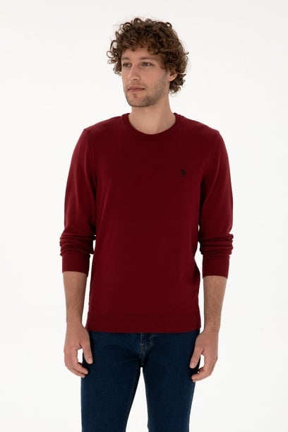Erkek Slim Fit Bisiklet Yaka Bordo Basic Kazak
