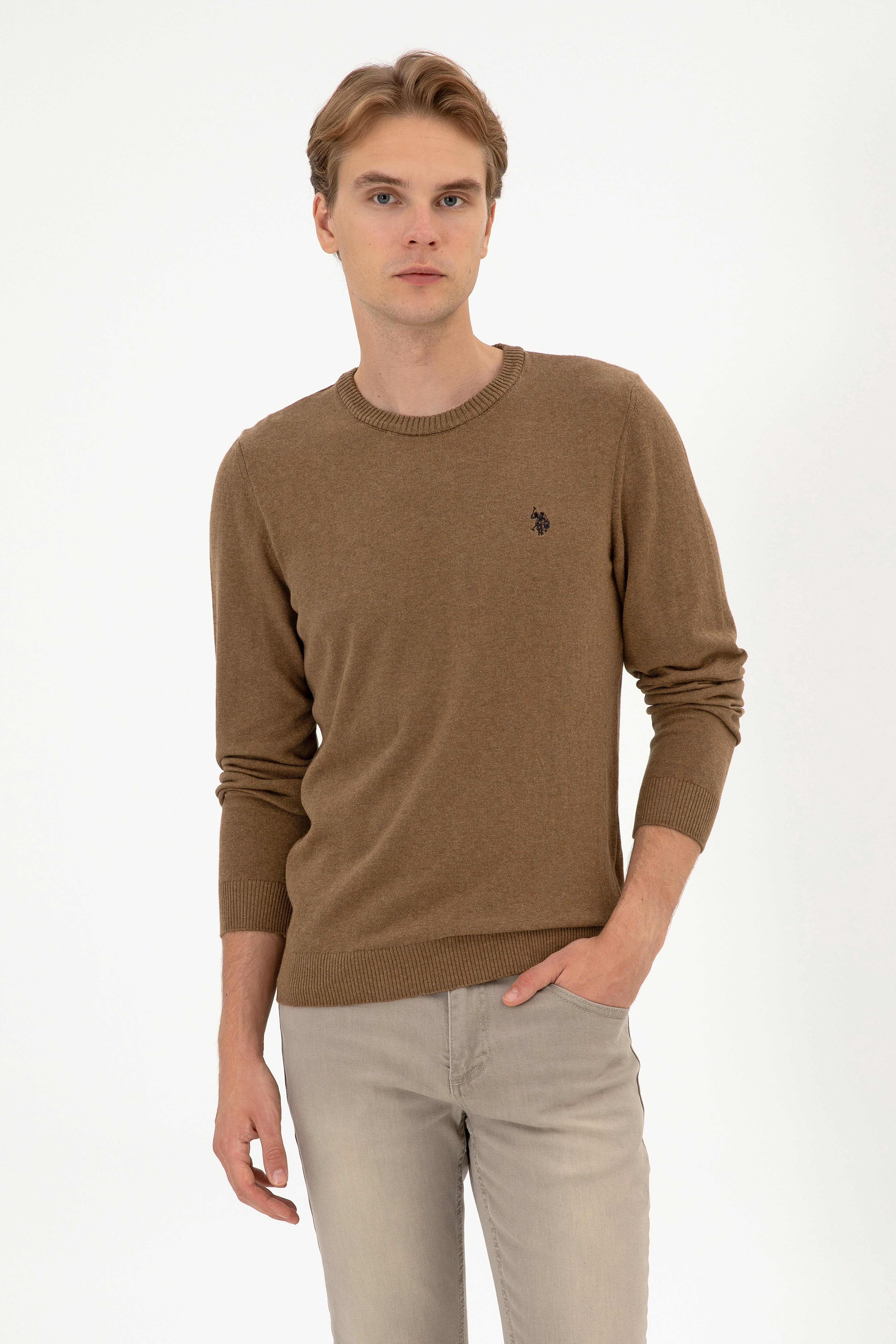Erkek Slim Fit Bisiklet Yaka Haki Melanj Basic Kazak