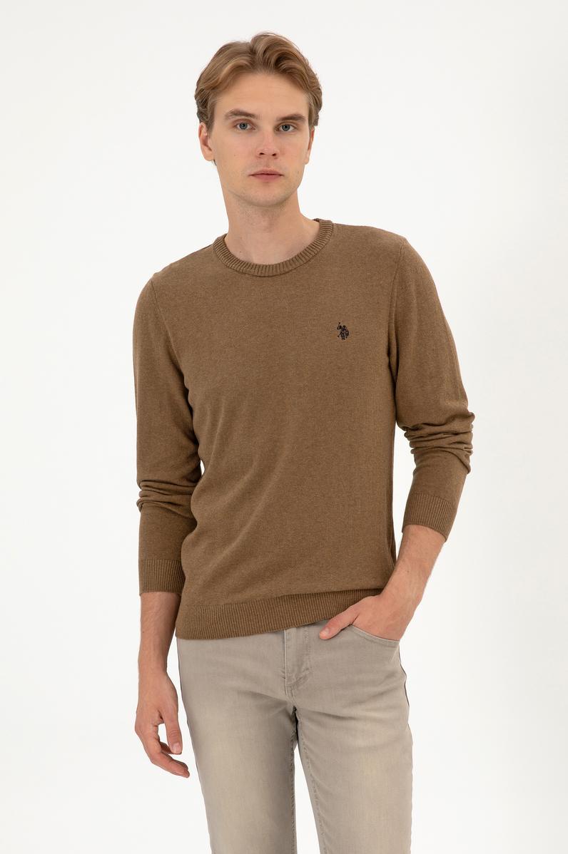 Erkek Slim Fit Bisiklet Yaka Haki Melanj Basic Kazak