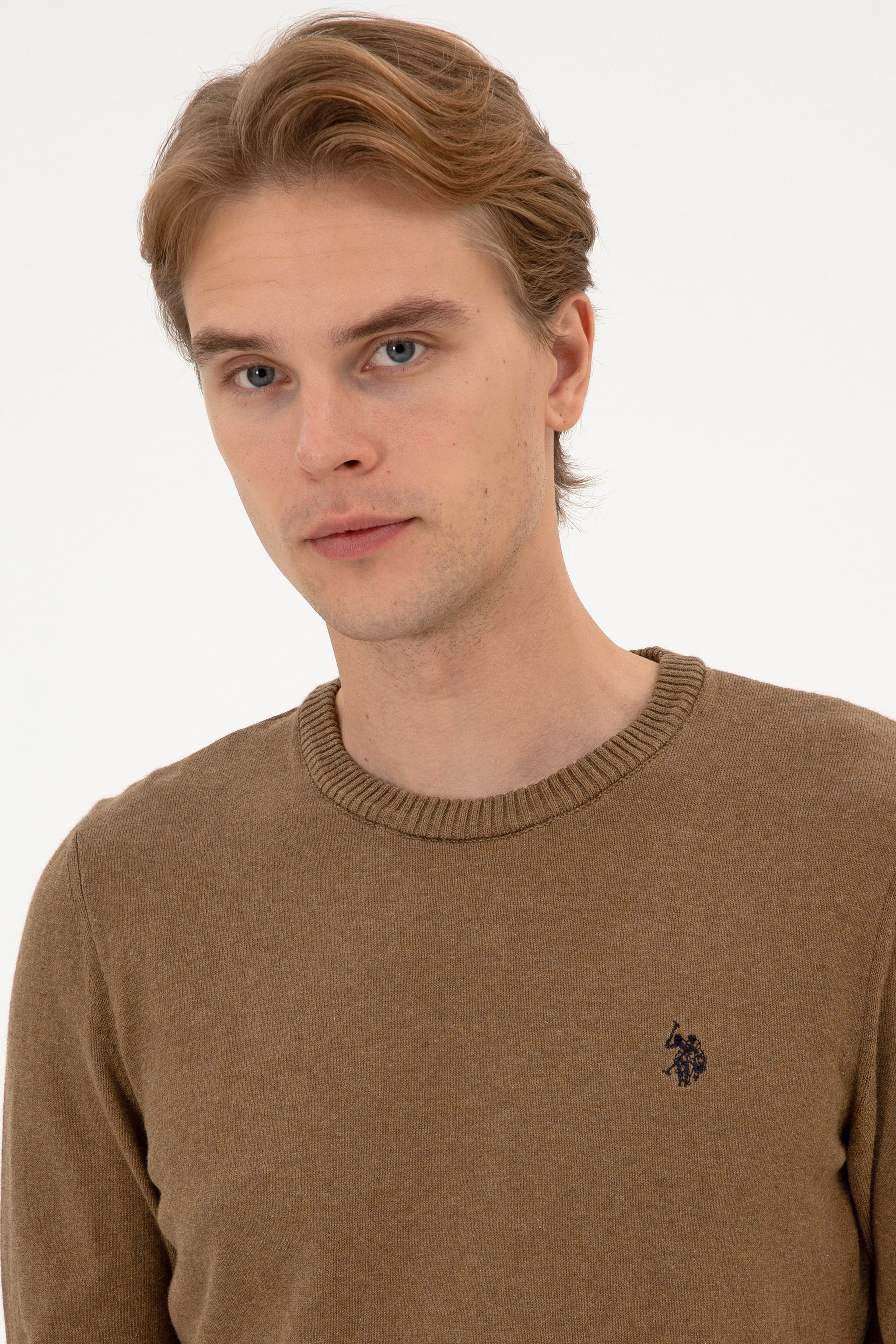 Erkek Slim Fit Bisiklet Yaka Haki Melanj Basic Kazak - Image 2