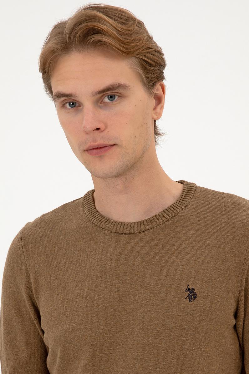 Erkek Slim Fit Bisiklet Yaka Haki Melanj Basic Kazak