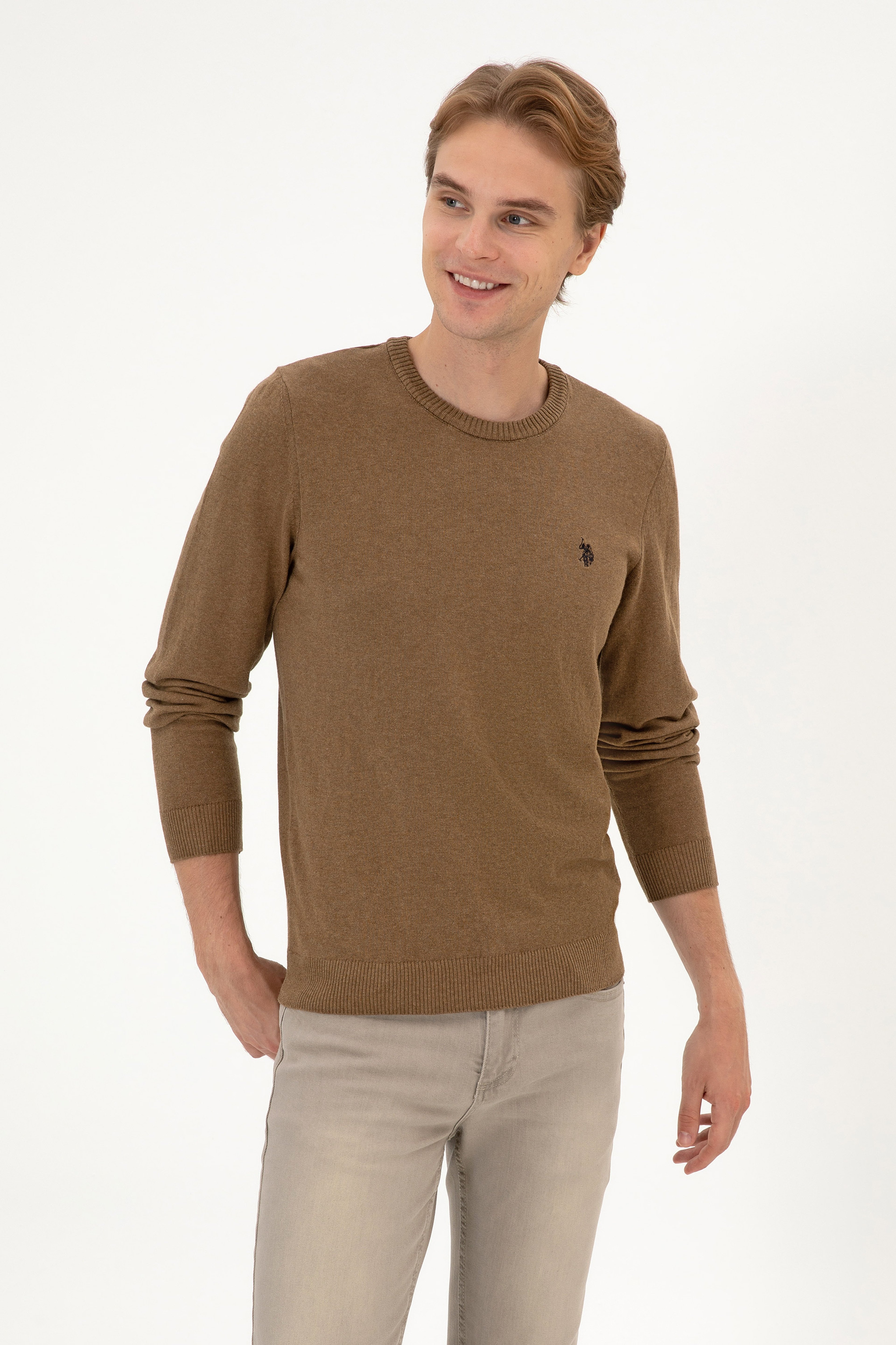 Erkek Slim Fit Bisiklet Yaka Haki Melanj Basic Kazak
