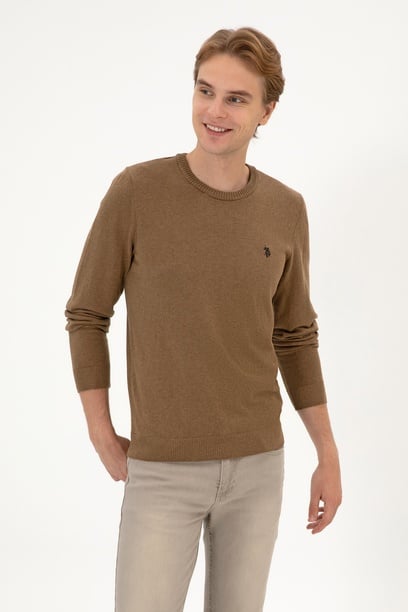 Erkek Slim Fit Bisiklet Yaka Haki Melanj Basic Kazak