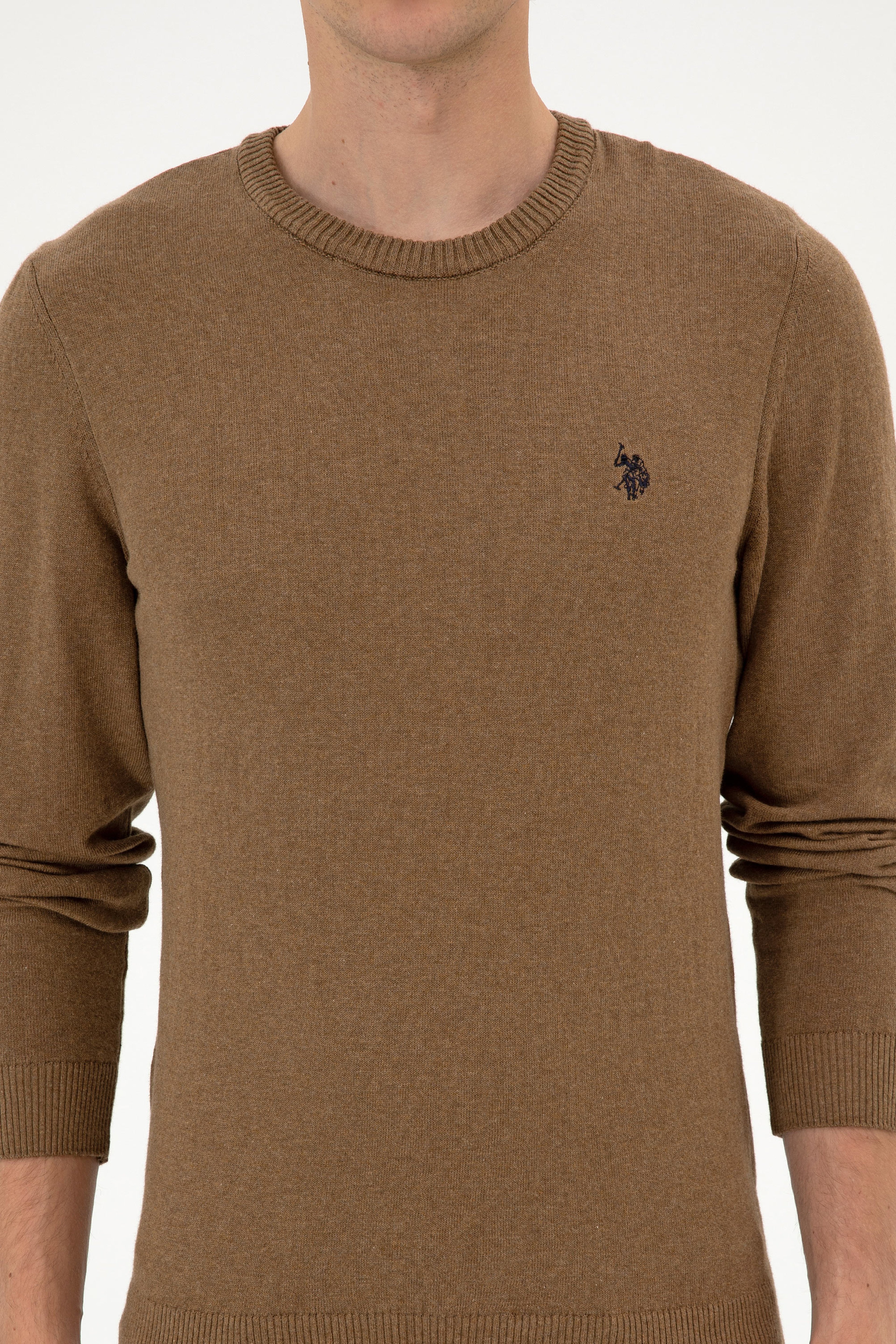Erkek Slim Fit Bisiklet Yaka Haki Melanj Basic Kazak