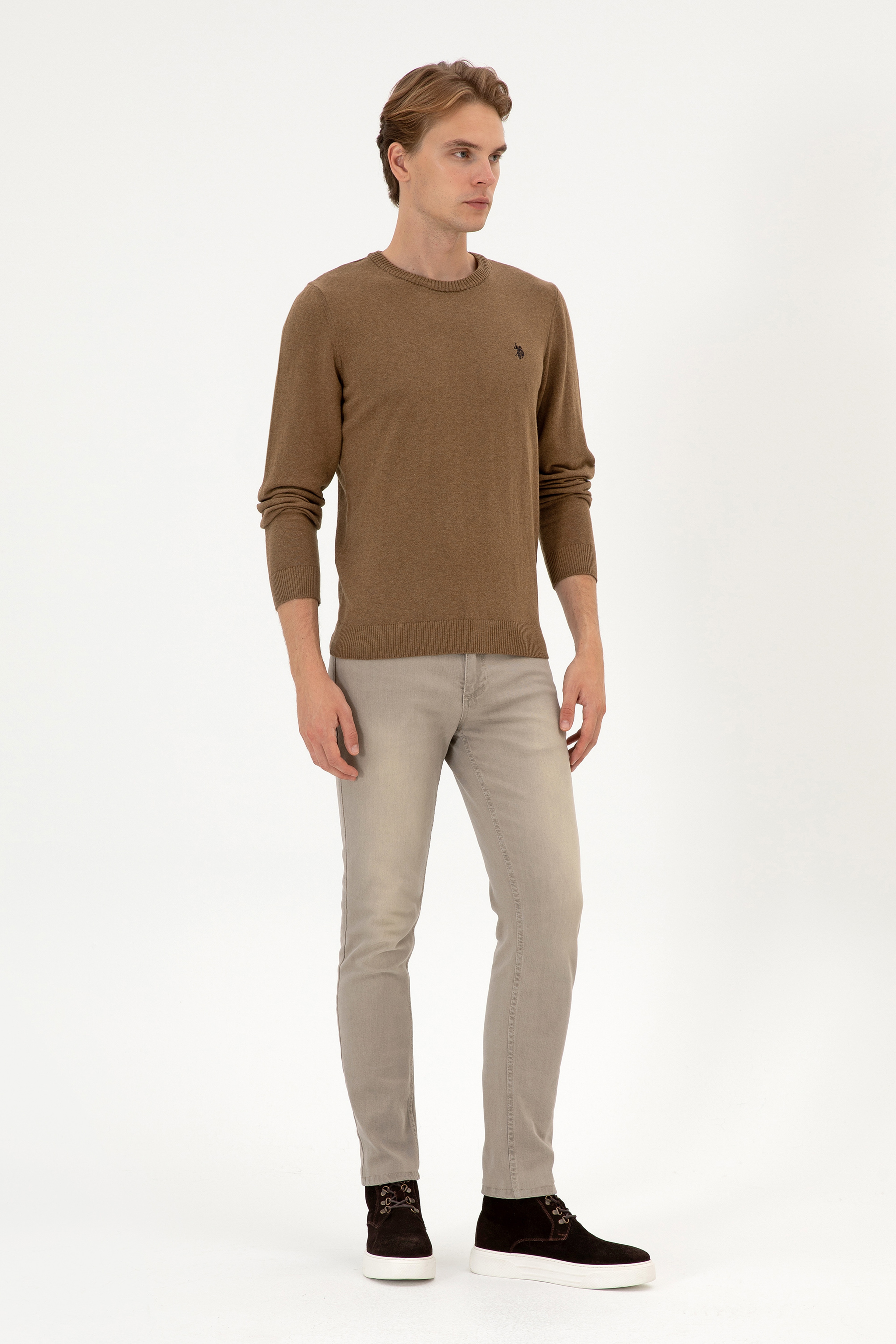Erkek Slim Fit Bisiklet Yaka Haki Melanj Basic Kazak - Image 4