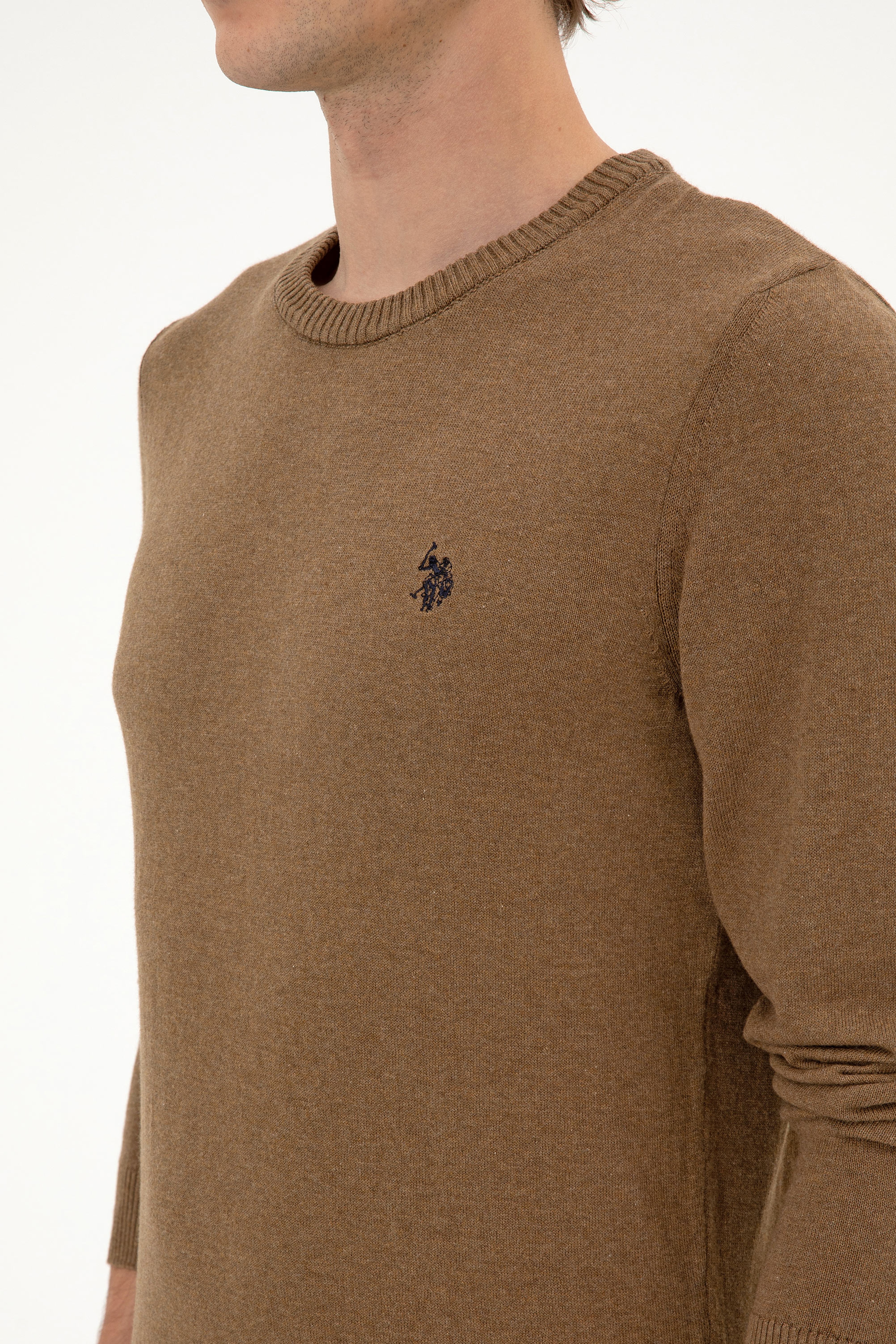 Erkek Slim Fit Bisiklet Yaka Haki Melanj Basic Kazak