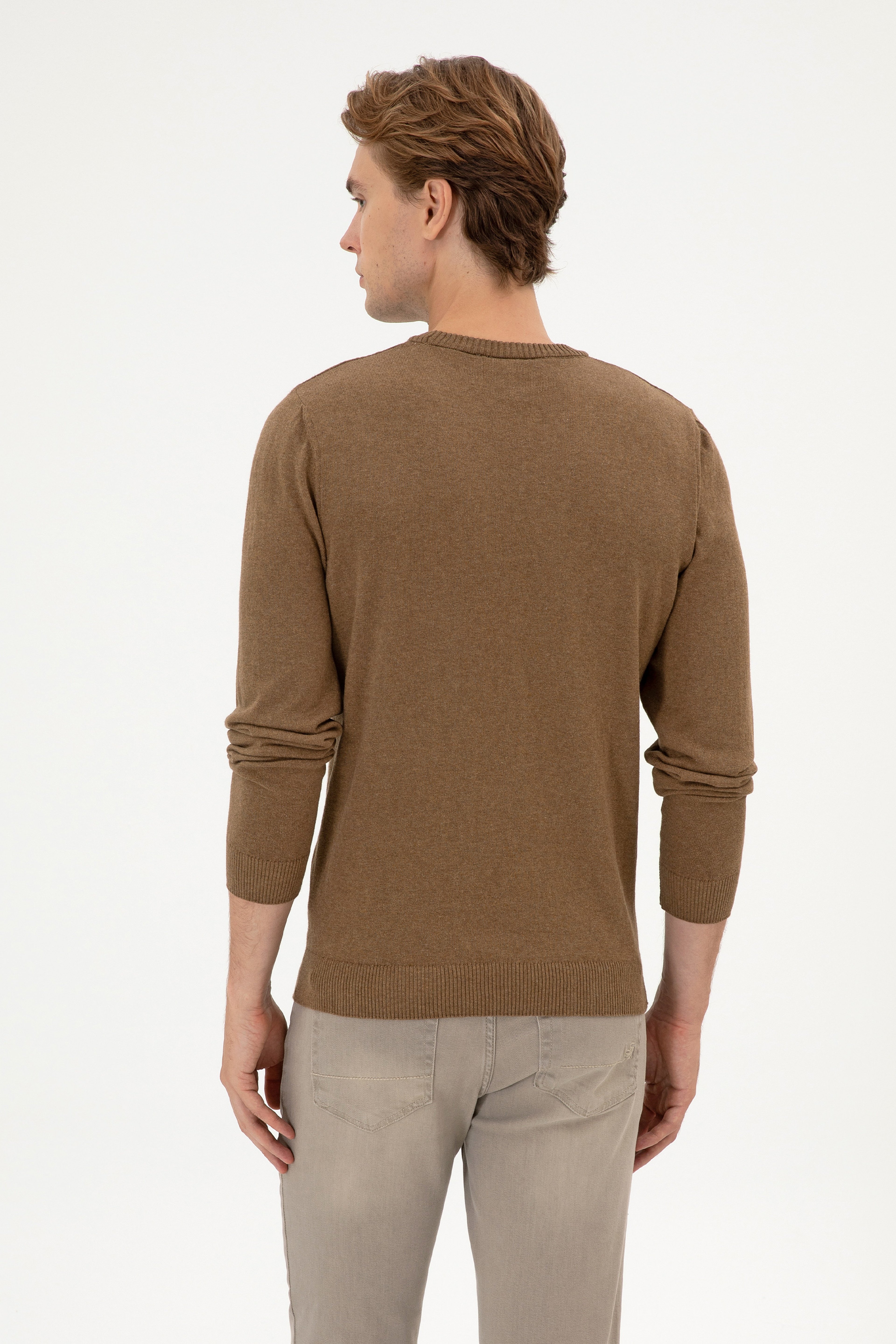 Erkek Slim Fit Bisiklet Yaka Haki Melanj Basic Kazak - Image 5