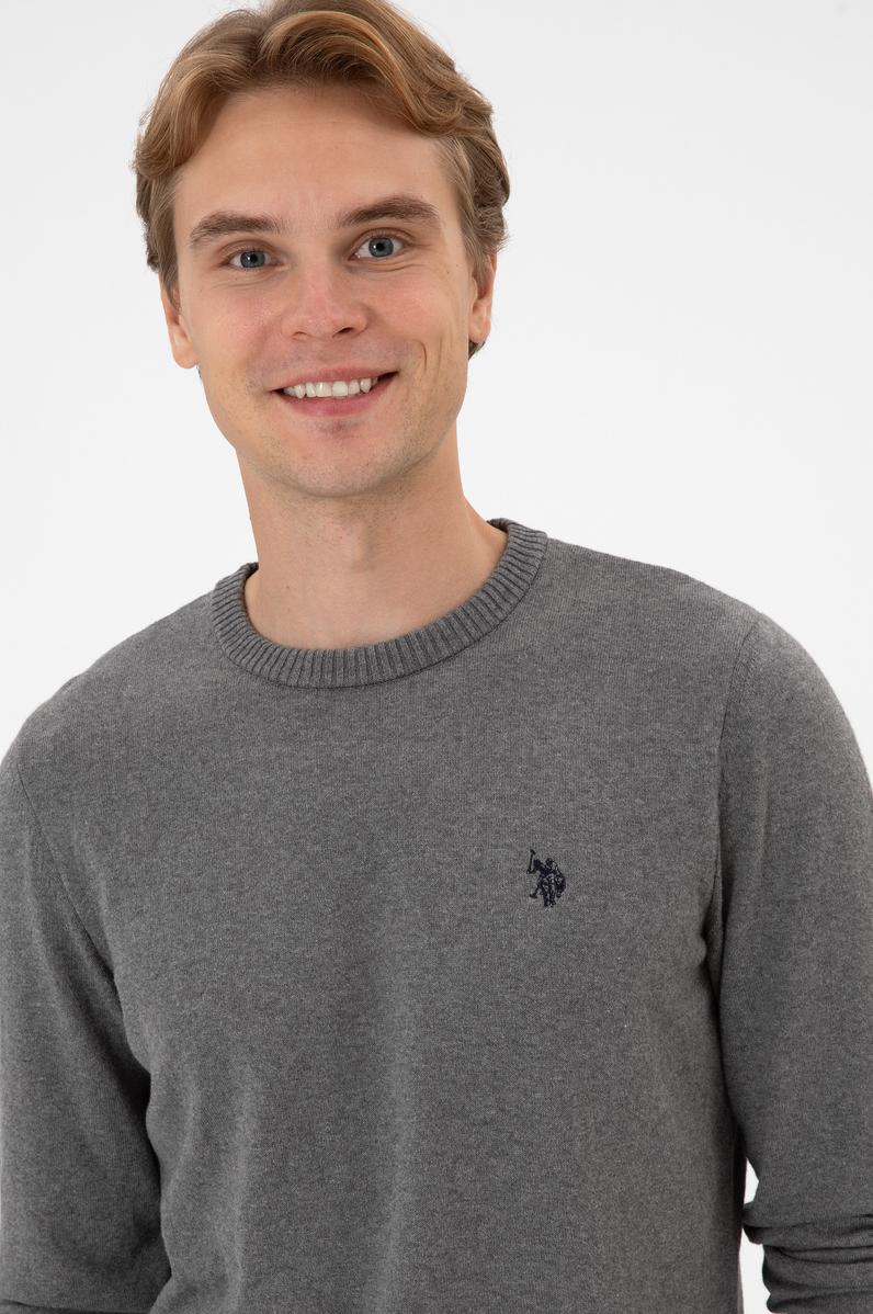 Erkek Slim Fit Bisiklet Yaka Gri Melanj Basic Kazak