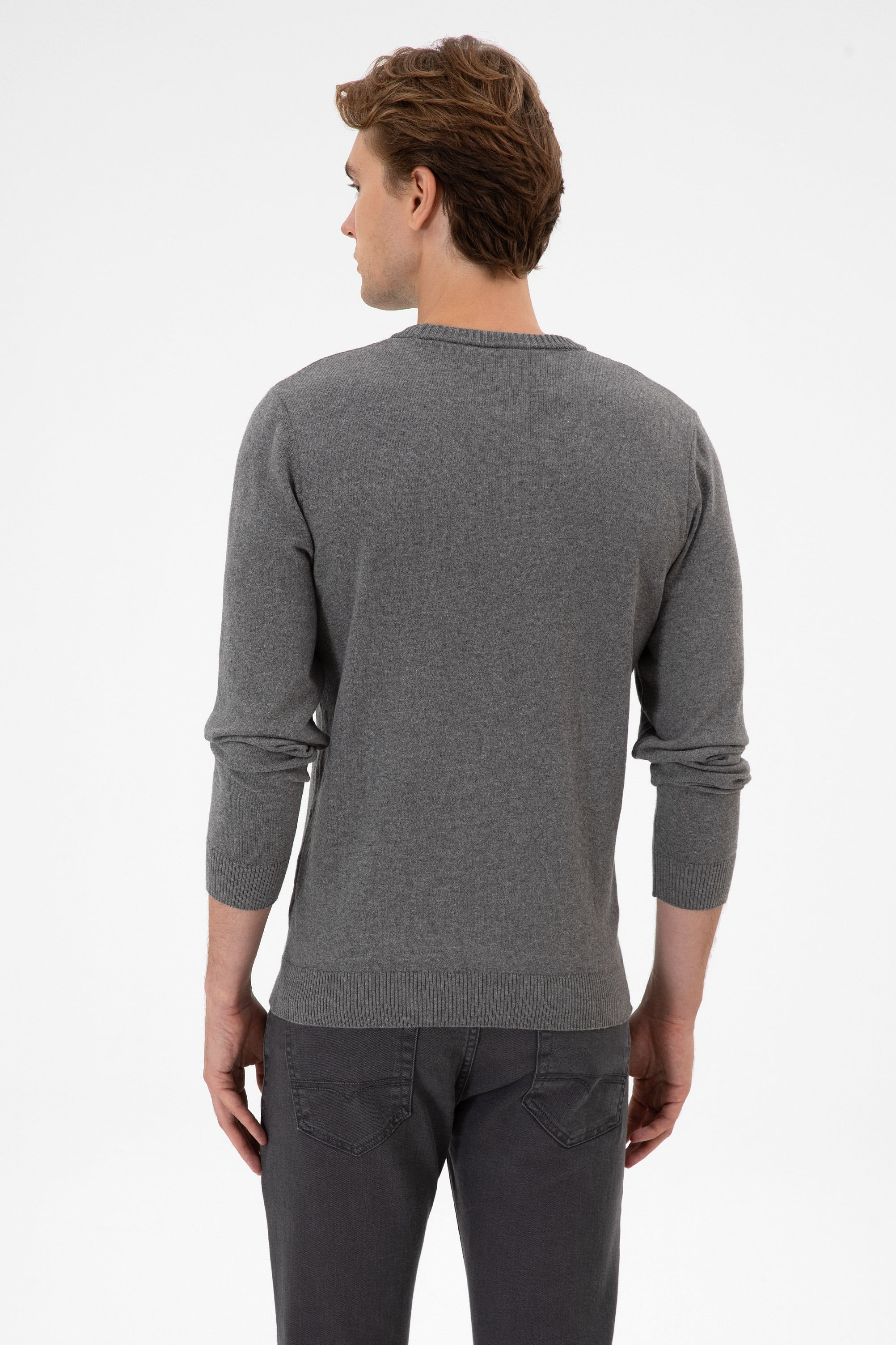 Erkek Slim Fit Bisiklet Yaka Gri Melanj Basic Kazak - Image 5