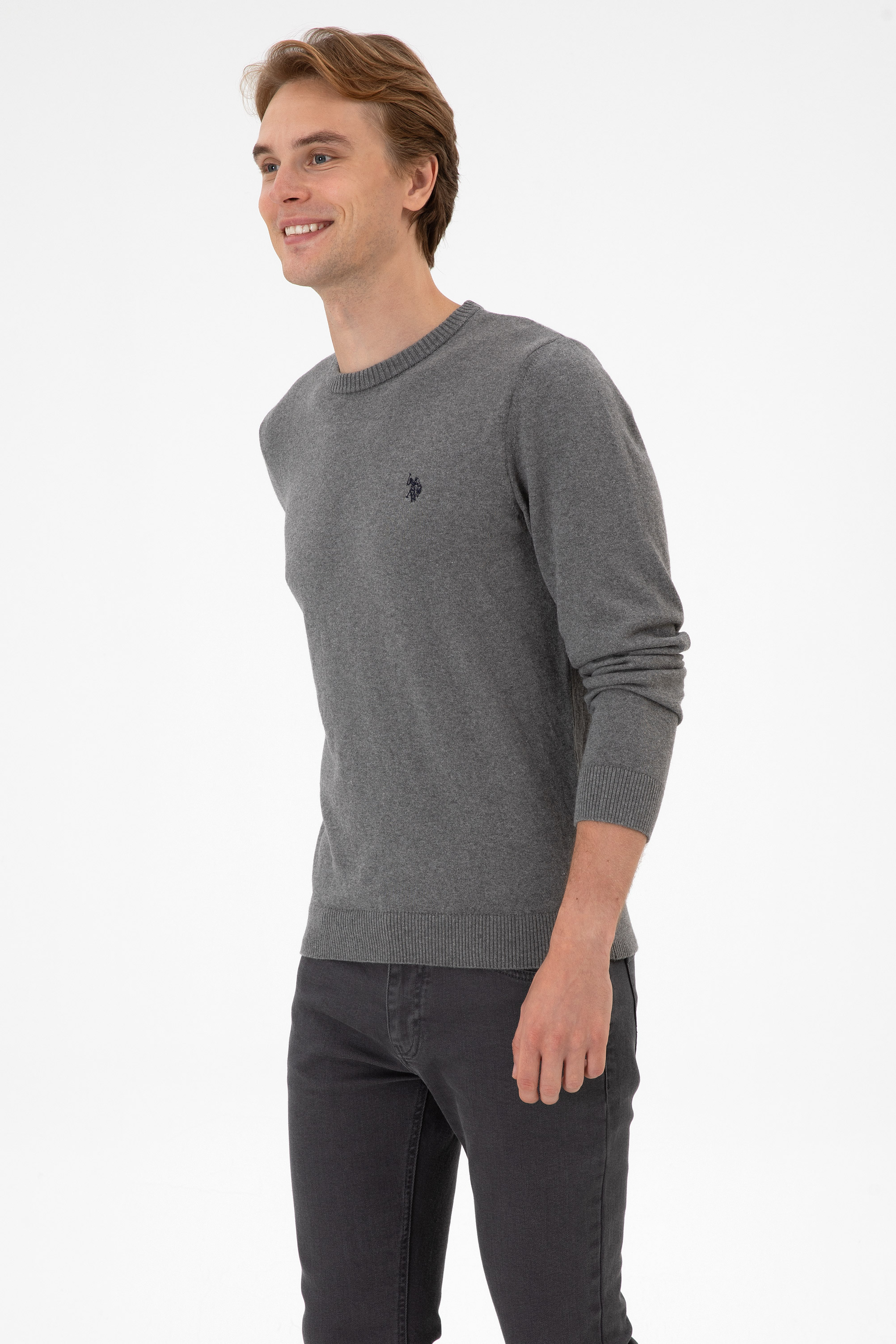 Erkek Slim Fit Bisiklet Yaka Gri Melanj Basic Kazak - Image 3