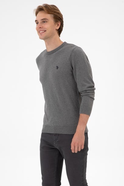 Erkek Slim Fit Bisiklet Yaka Gri Melanj Basic Kazak