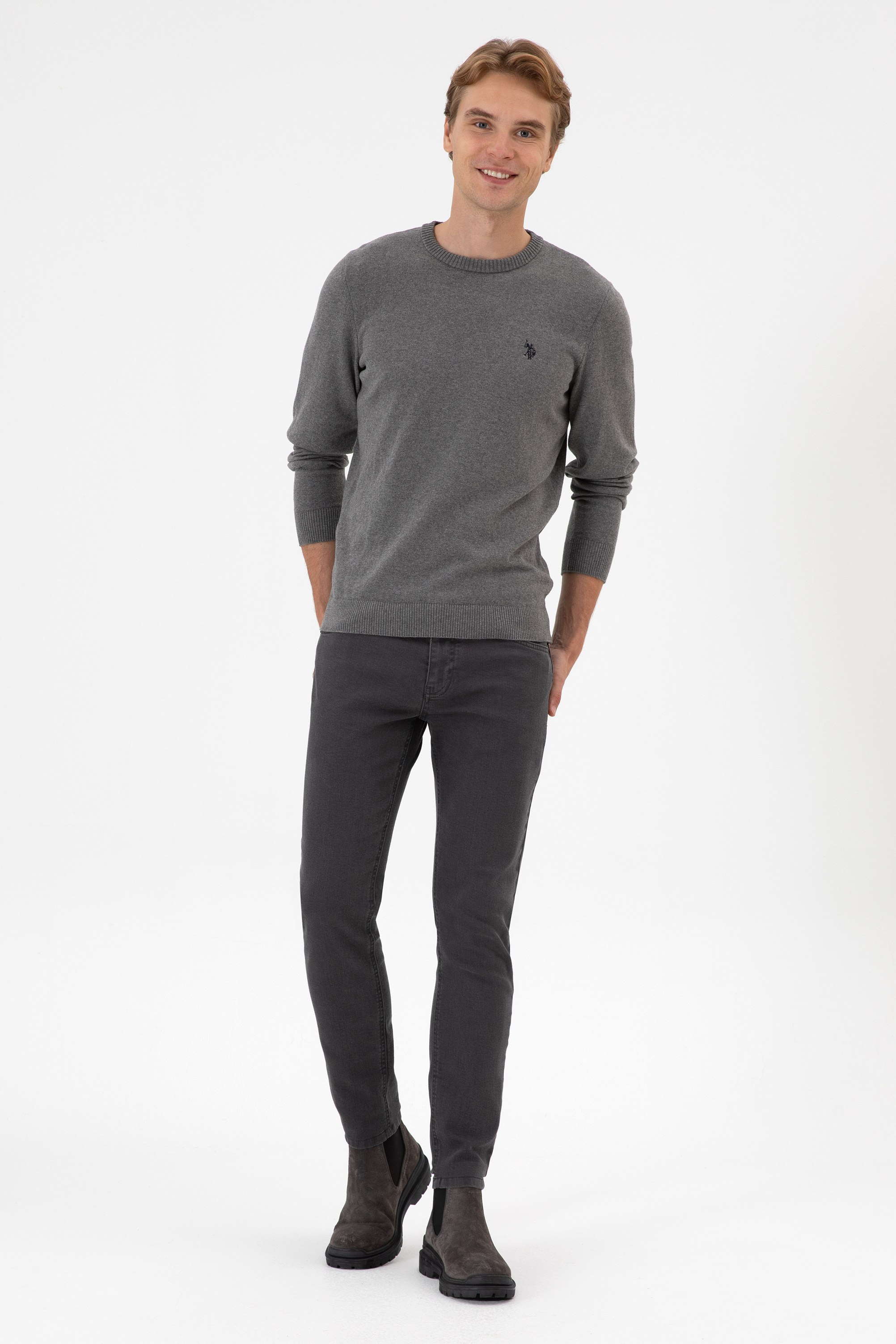 Erkek Slim Fit Bisiklet Yaka Gri Melanj Basic Kazak - Image 4