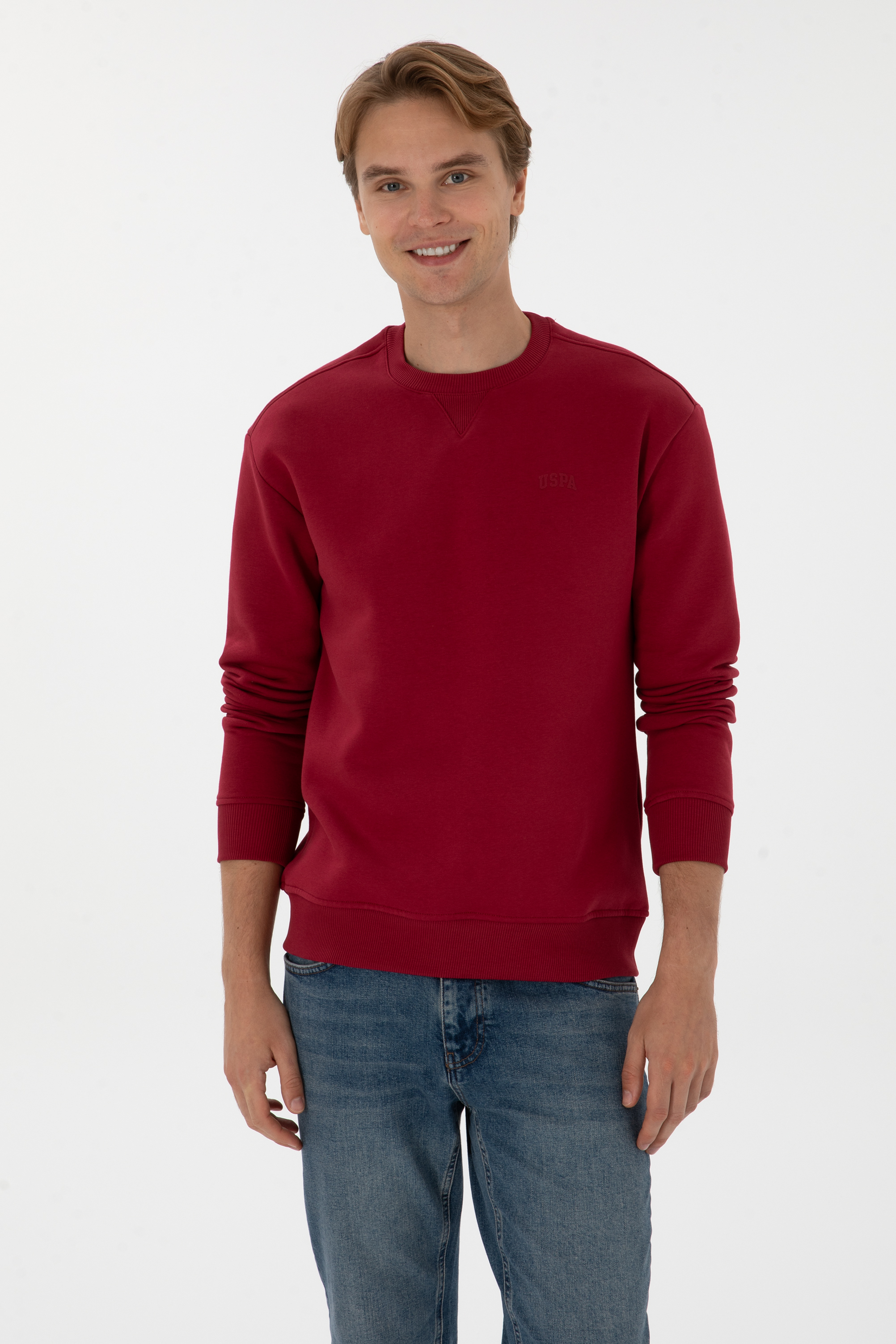 Erkek Comfort Fit Bisiklet Yaka Şardonlu Koyu Frambuaz Basic Sweatshirt - Image 3