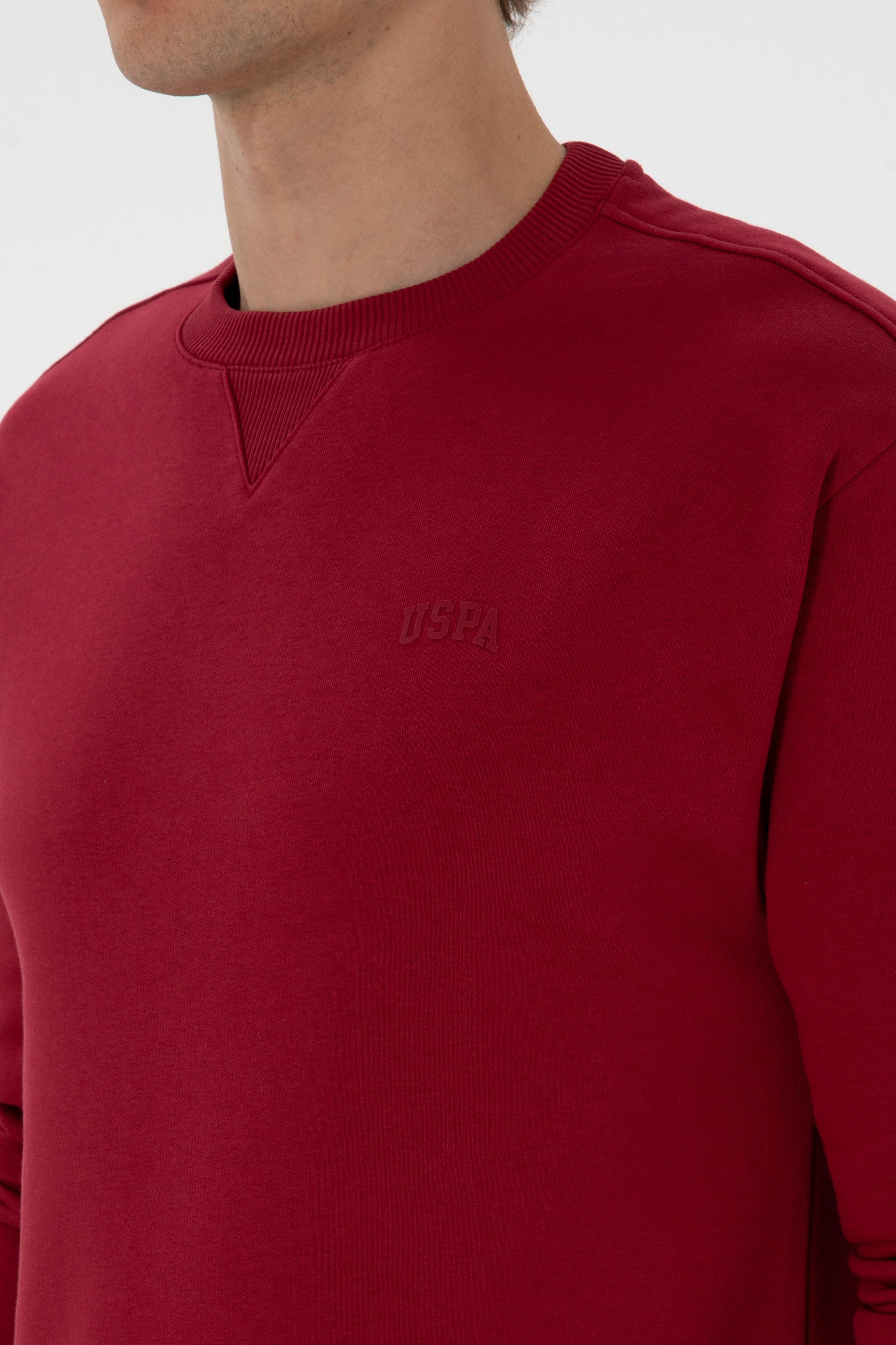 Erkek Comfort Fit Bisiklet Yaka Şardonlu Koyu Frambuaz Basic Sweatshirt - Image 7