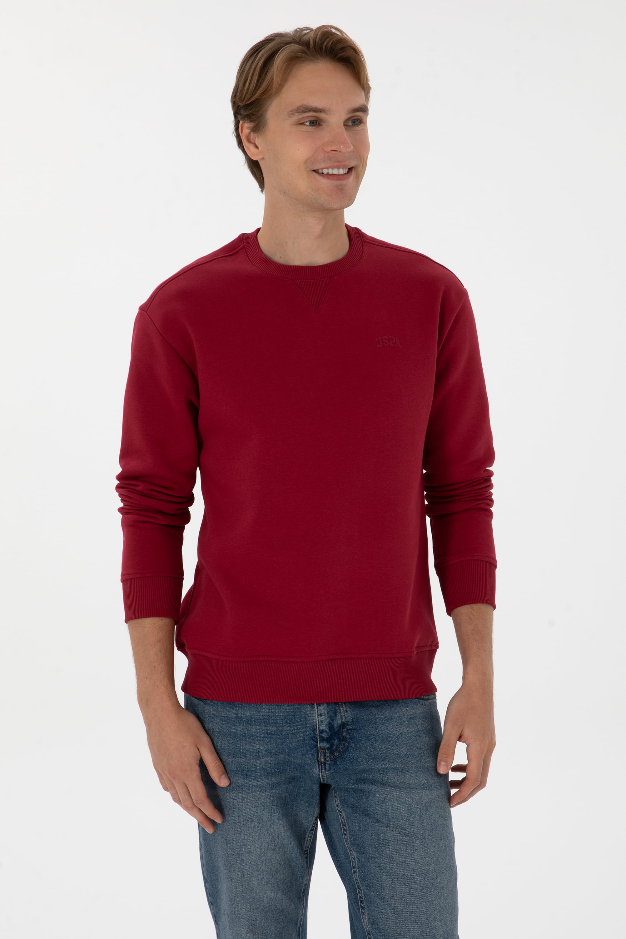 Erkek Comfort Fit Bisiklet Yaka Şardonlu Koyu Frambuaz Basic Sweatshirt