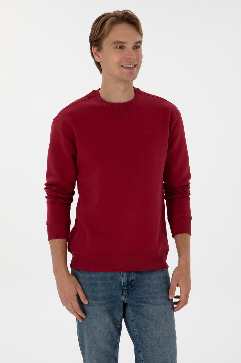 Erkek Comfort Fit Bisiklet Yaka Şardonlu Koyu Frambuaz Basic Sweatshirt