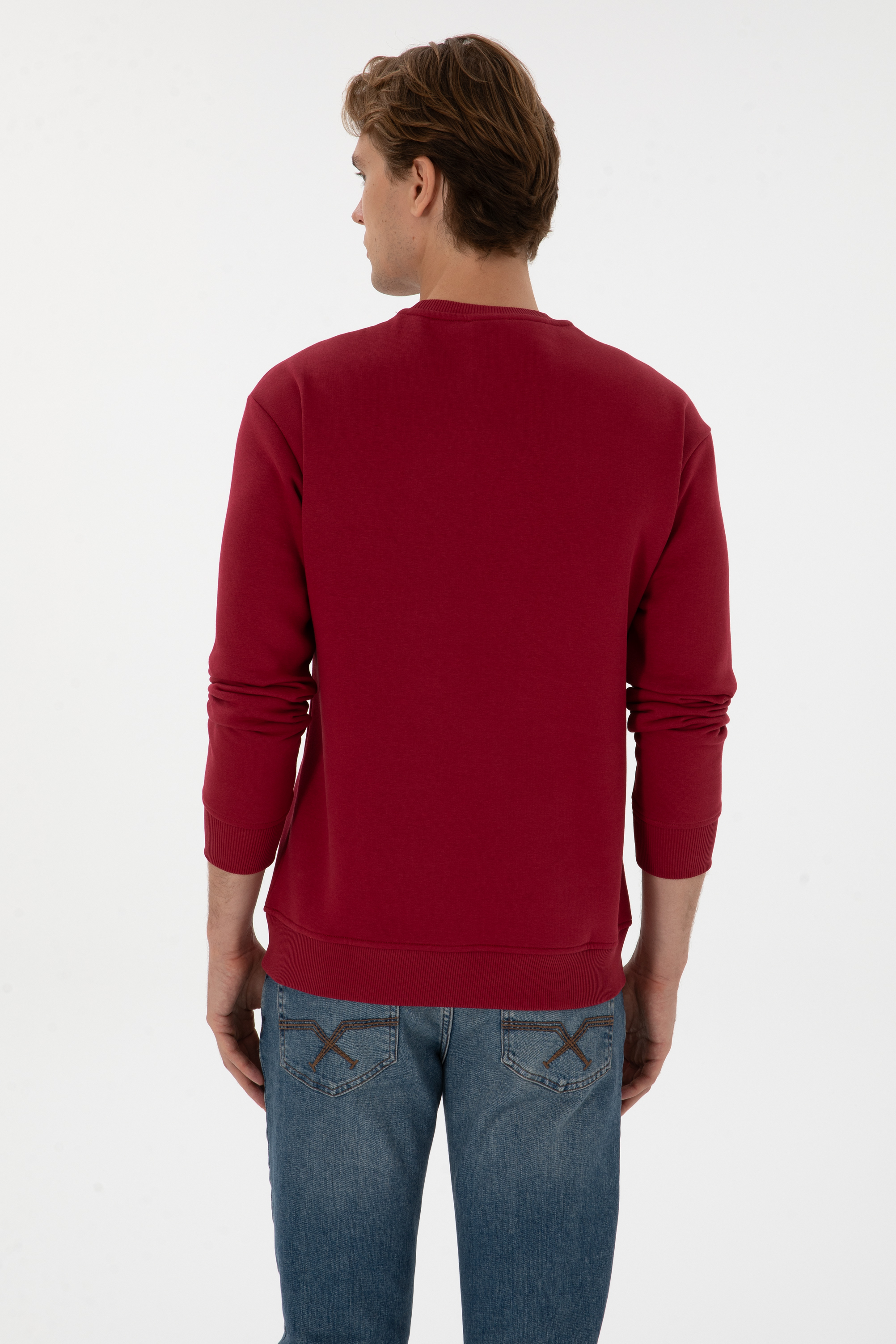 Erkek Comfort Fit Bisiklet Yaka Şardonlu Koyu Frambuaz Basic Sweatshirt - Image 5