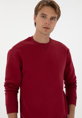 Erkek Comfort Fit Bisiklet Yaka Şardonlu Koyu Frambuaz Basic Sweatshirt - 50313757139