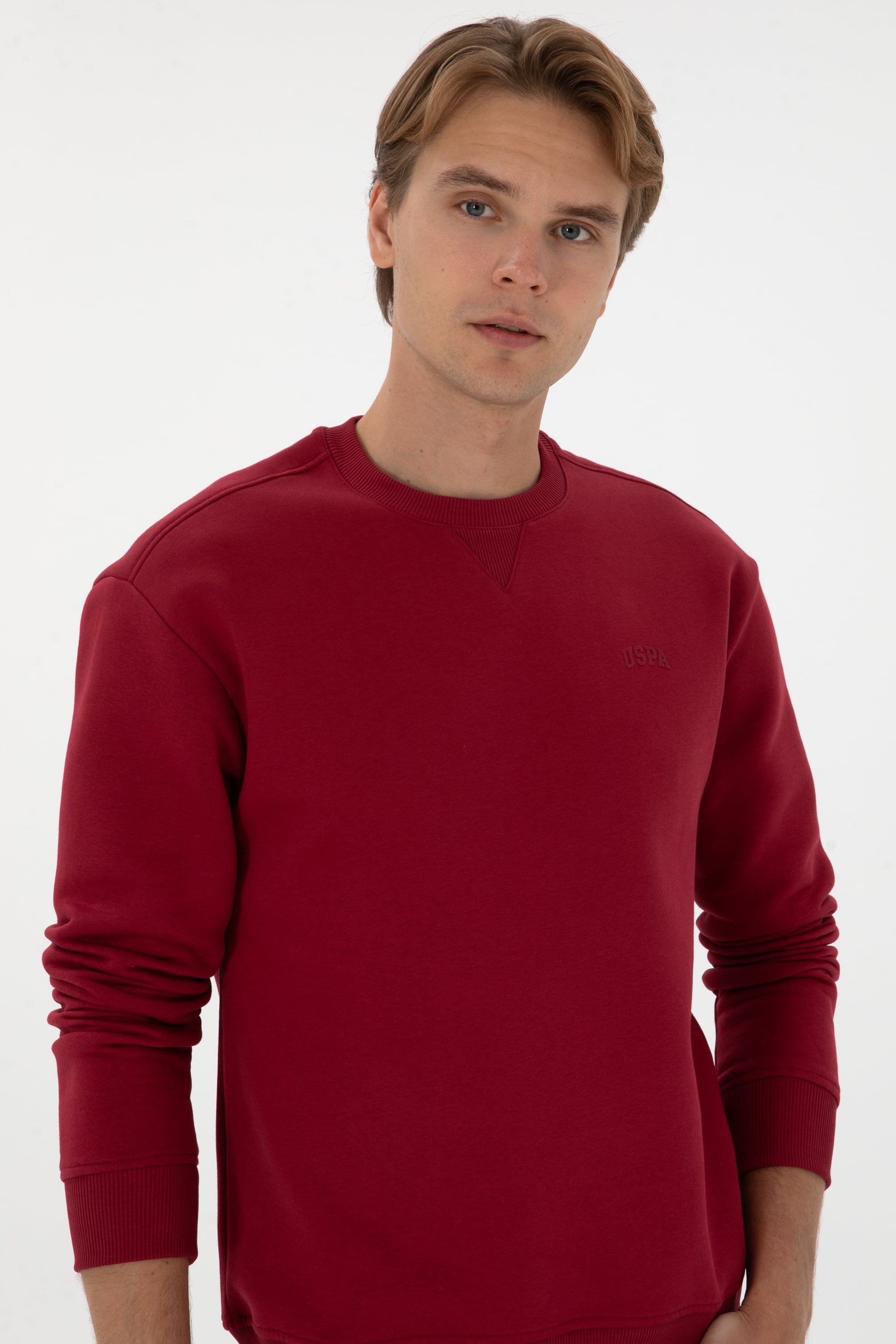 Erkek Comfort Fit Bisiklet Yaka Şardonlu Koyu Frambuaz Basic Sweatshirt - Image 2