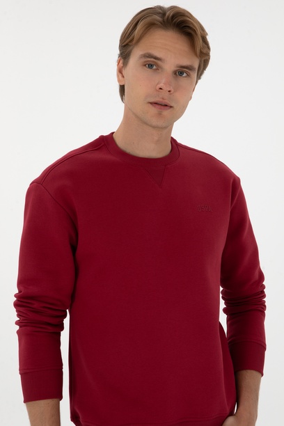 Erkek Comfort Fit Bisiklet Yaka Şardonlu Koyu Frambuaz Basic Sweatshirt