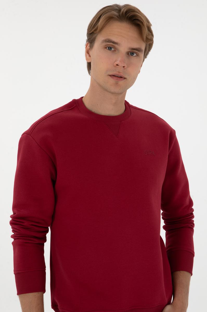 Erkek Comfort Fit Bisiklet Yaka Şardonlu Koyu Frambuaz Basic Sweatshirt