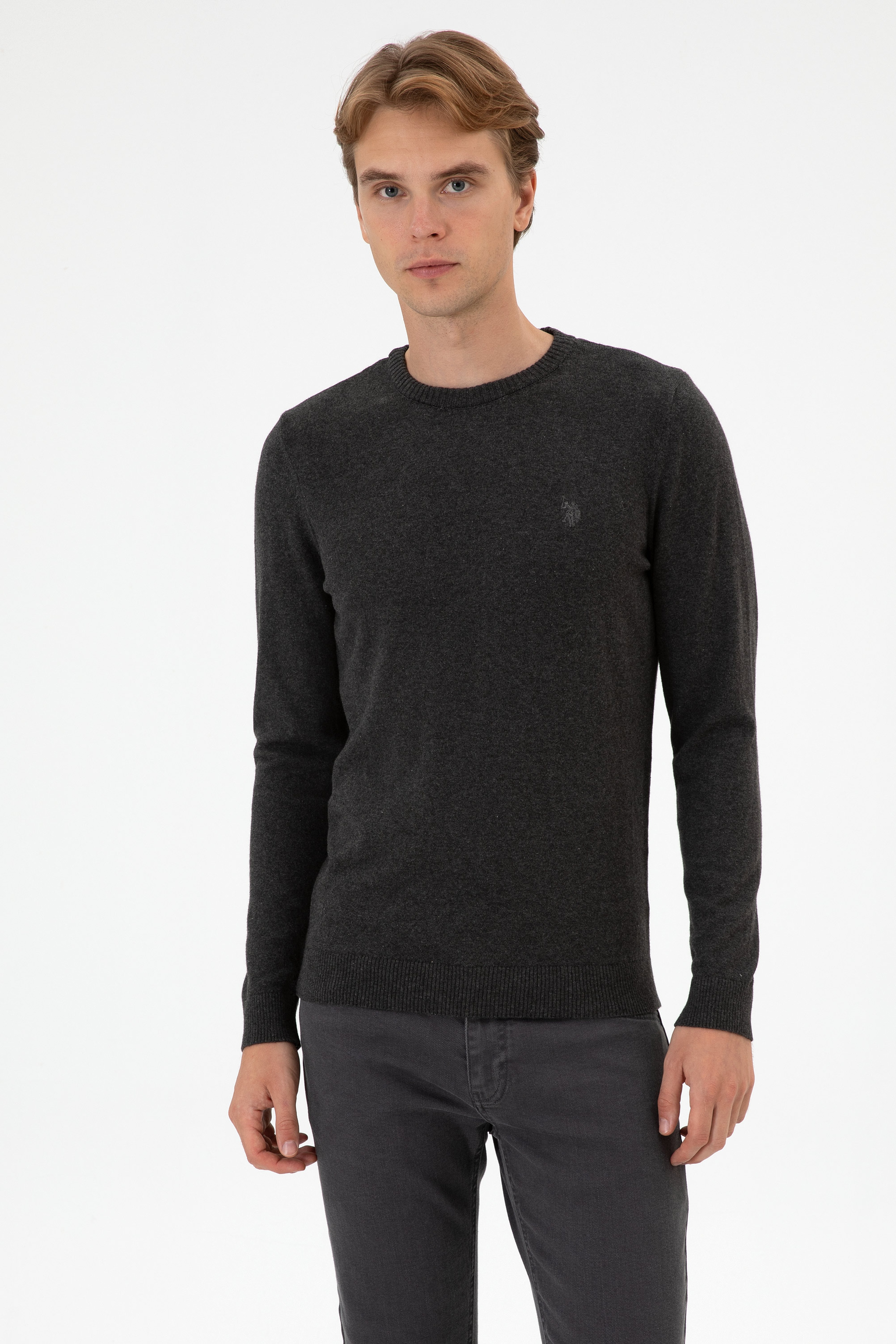 Erkek Slim Fit Bisiklet Yaka Antrasit Melanj Basic Kazak - Image 1