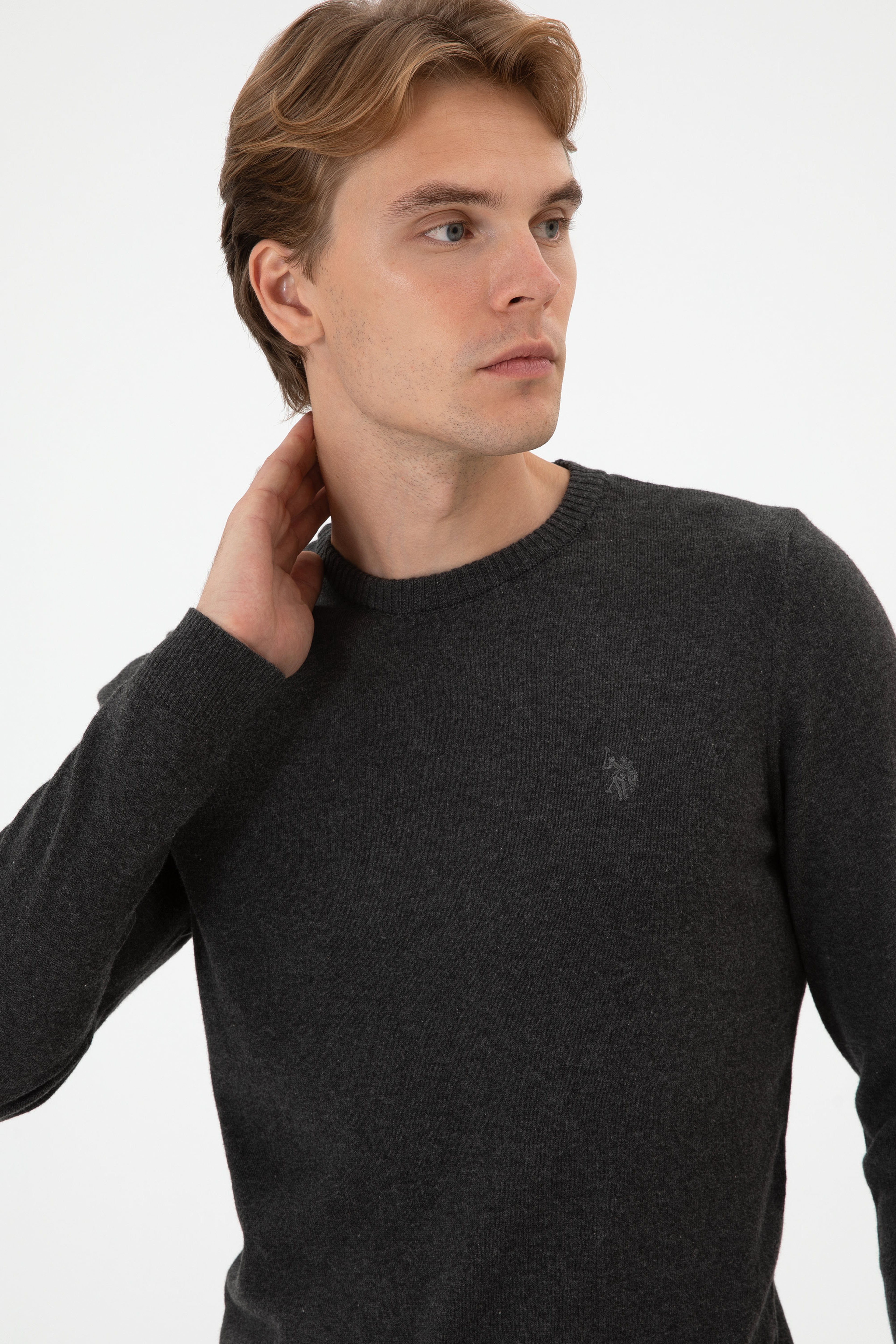 Erkek Slim Fit Bisiklet Yaka Antrasit Melanj Basic Kazak