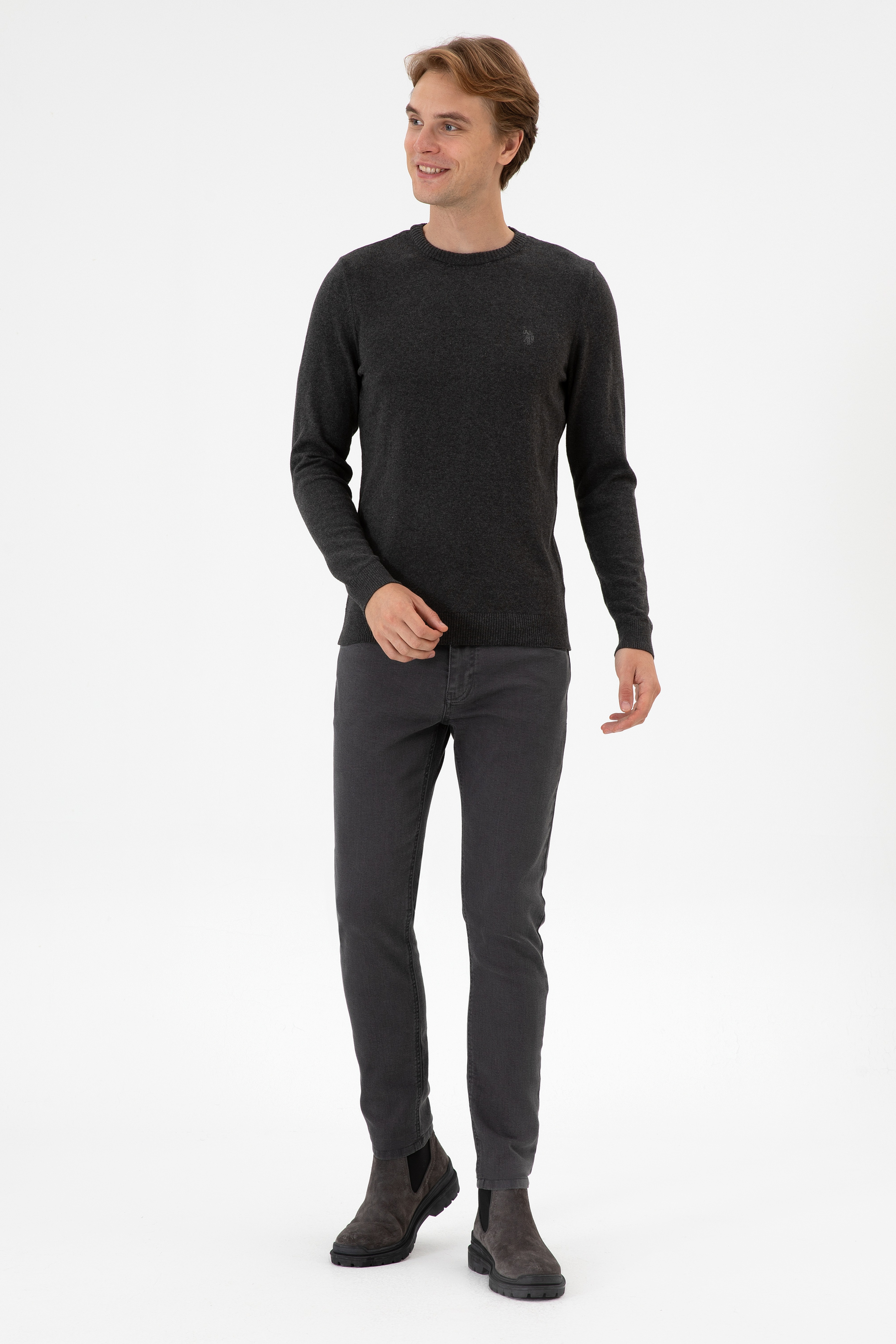 Erkek Slim Fit Bisiklet Yaka Antrasit Melanj Basic Kazak