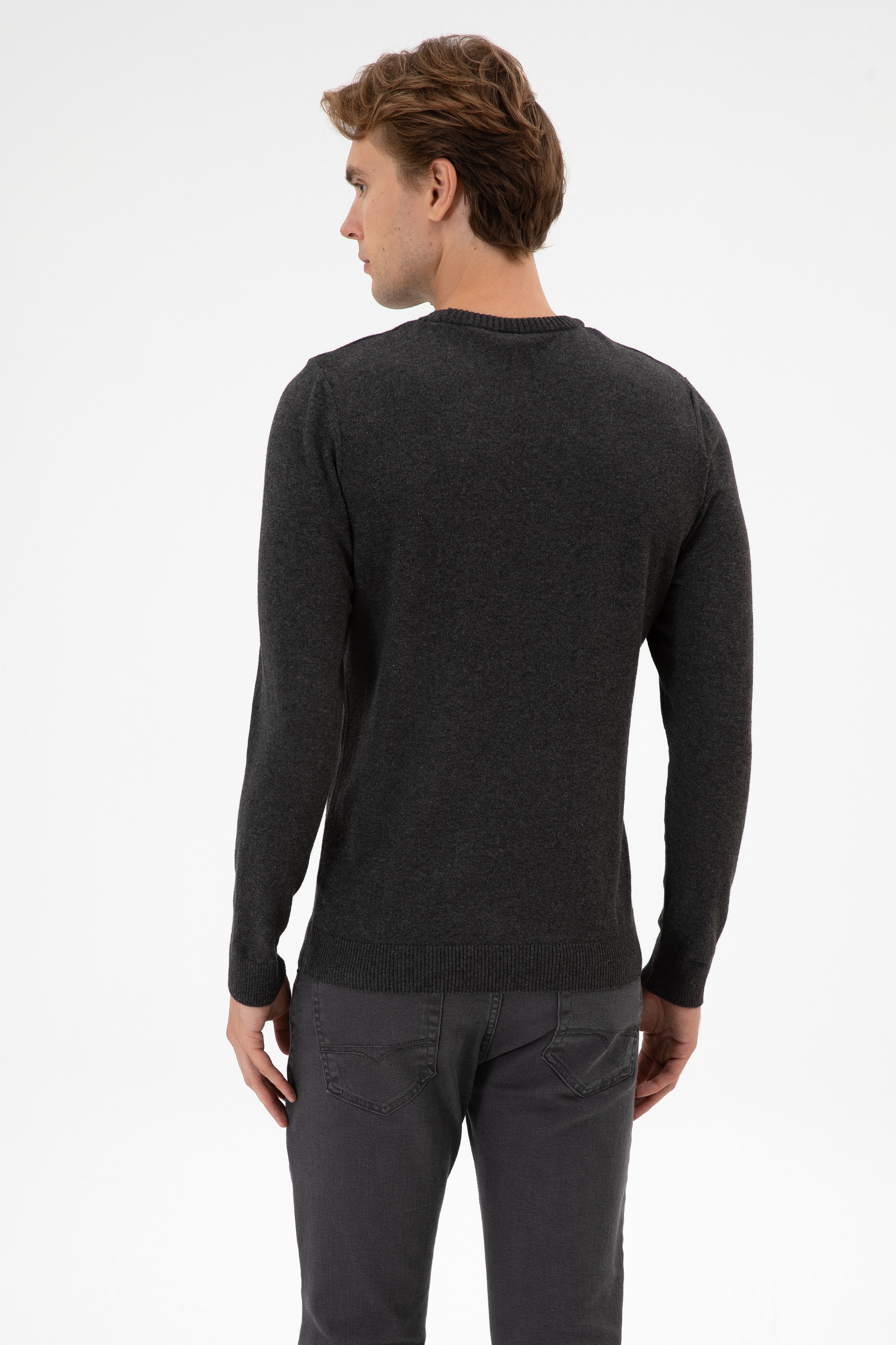 Erkek Slim Fit Bisiklet Yaka Antrasit Melanj Basic Kazak