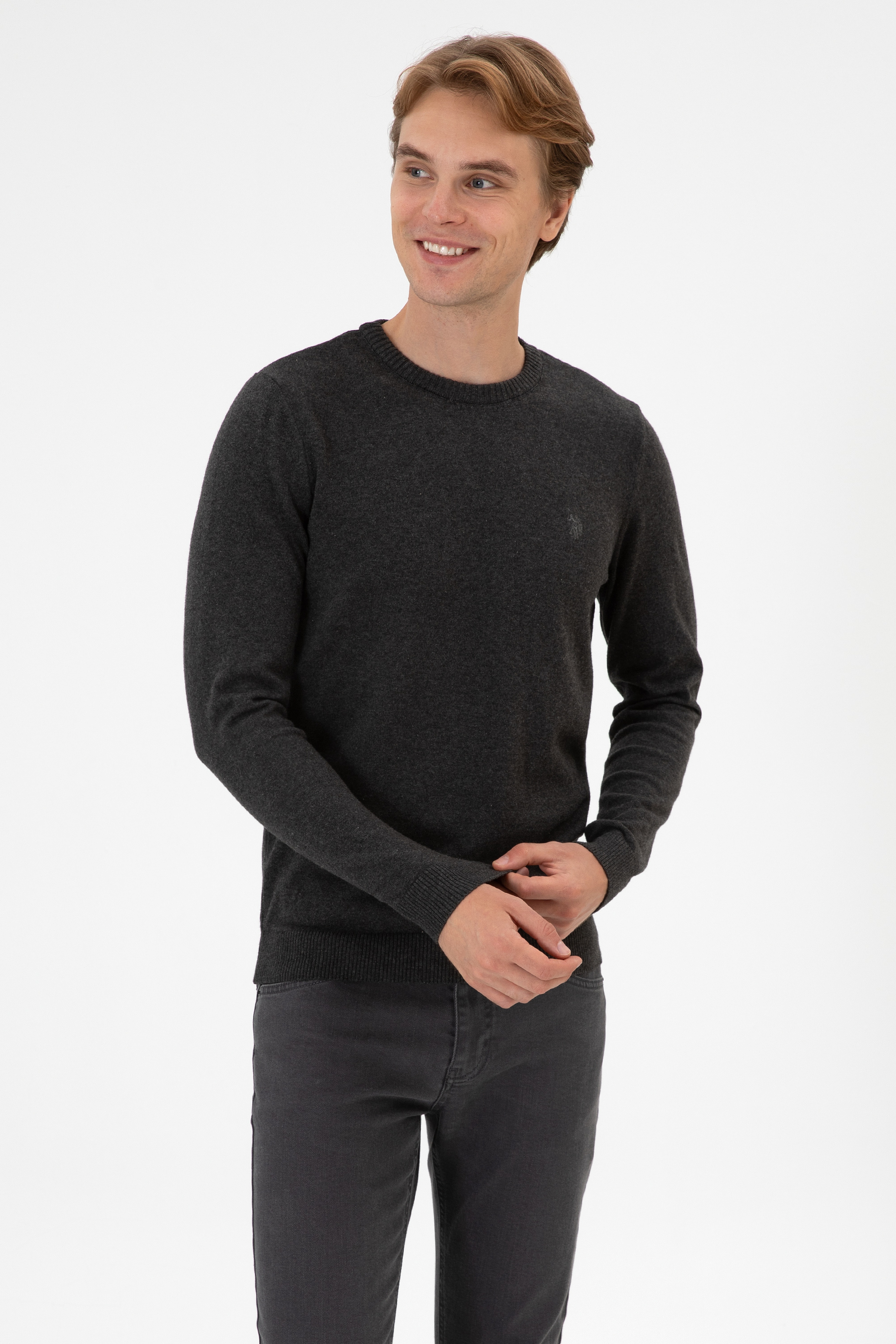 Erkek Slim Fit Bisiklet Yaka Antrasit Melanj Basic Kazak - Image 4