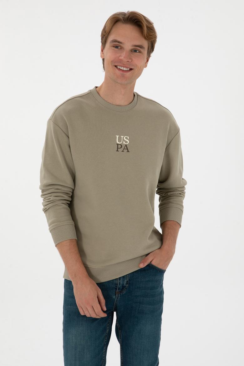 Erkek Bisiklet Yaka Comfort Fit Açık Haki Basic Sweatshirt