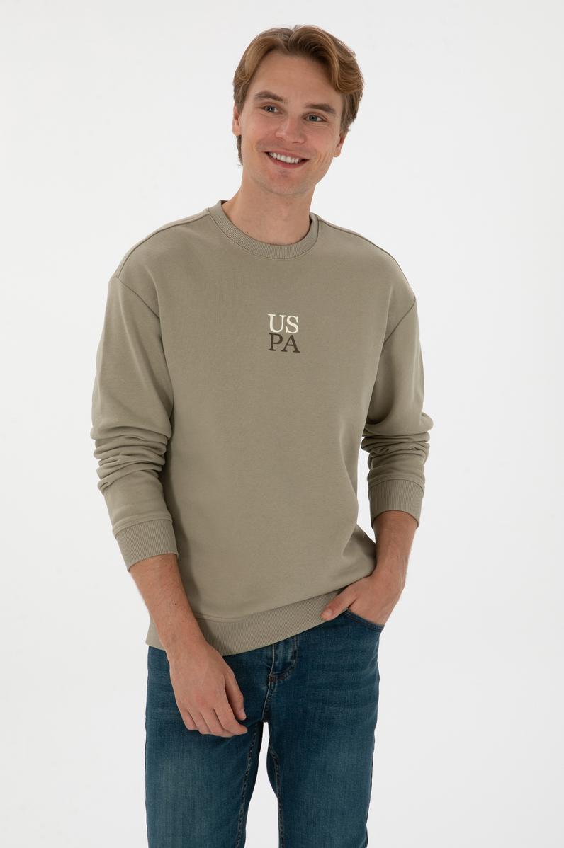 Erkek Bisiklet Yaka Comfort Fit Açık Haki Basic Sweatshirt