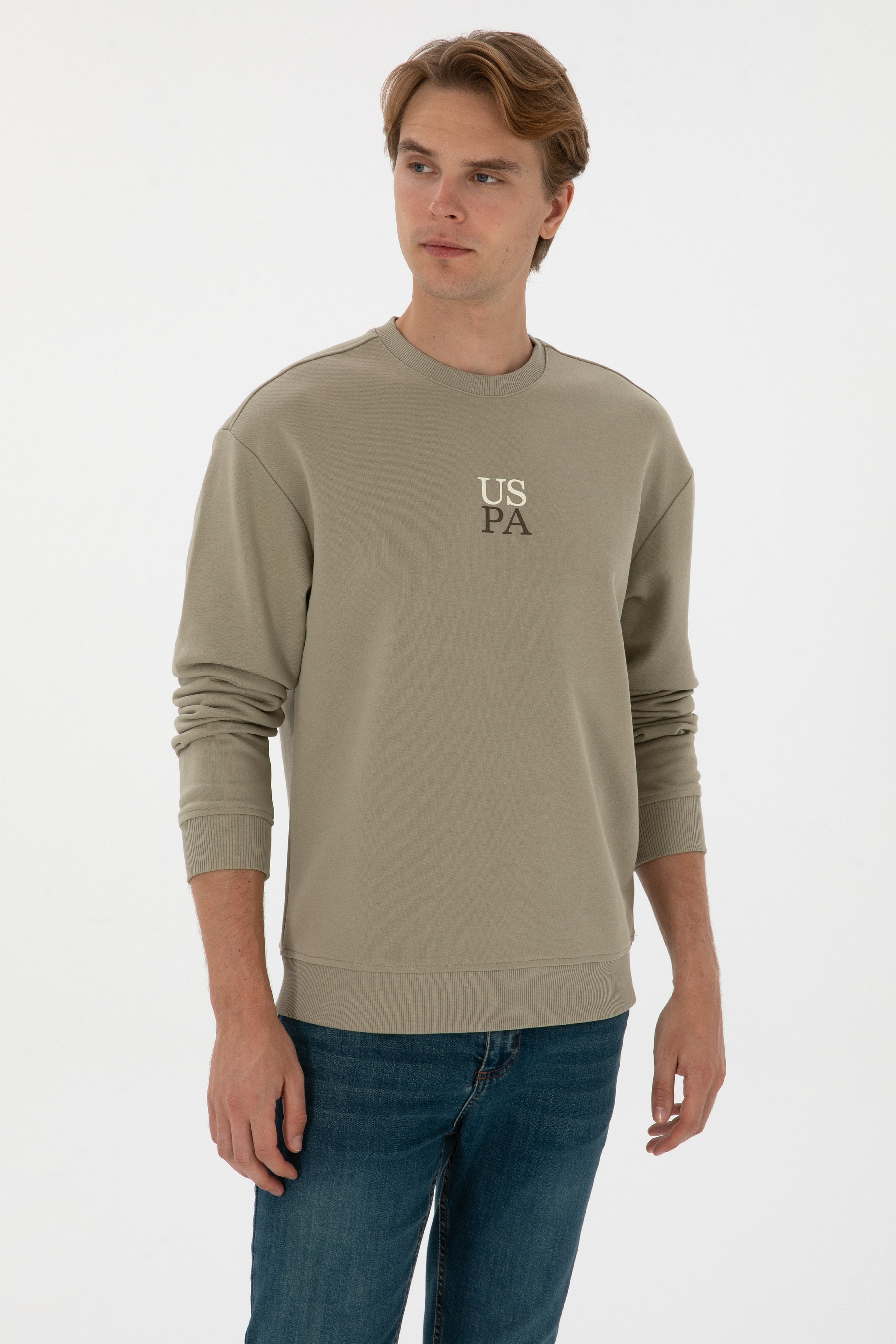 Erkek Bisiklet Yaka Comfort Fit Açık Haki Basic Sweatshirt