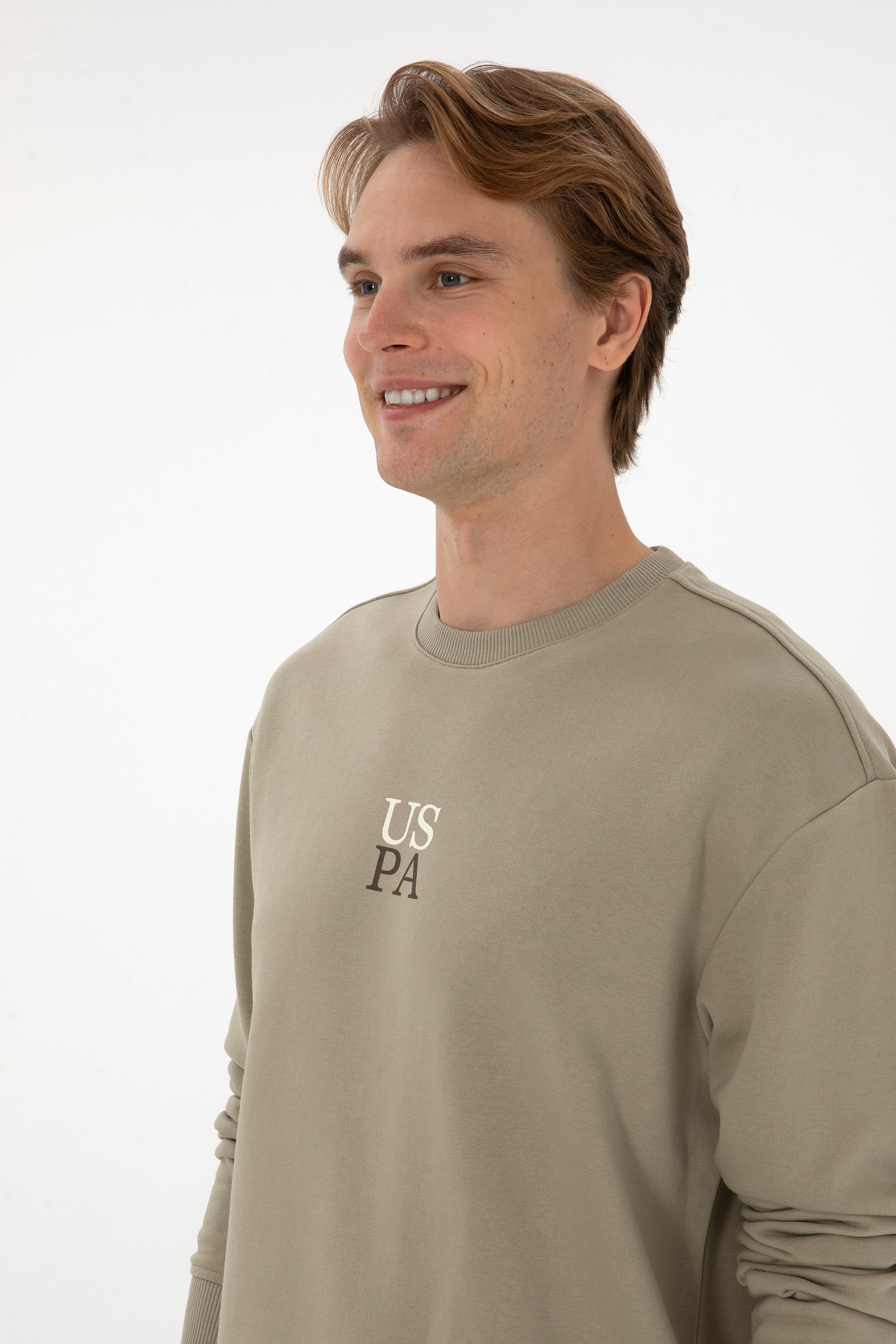 Erkek Bisiklet Yaka Comfort Fit Açık Haki Basic Sweatshirt - Image 2