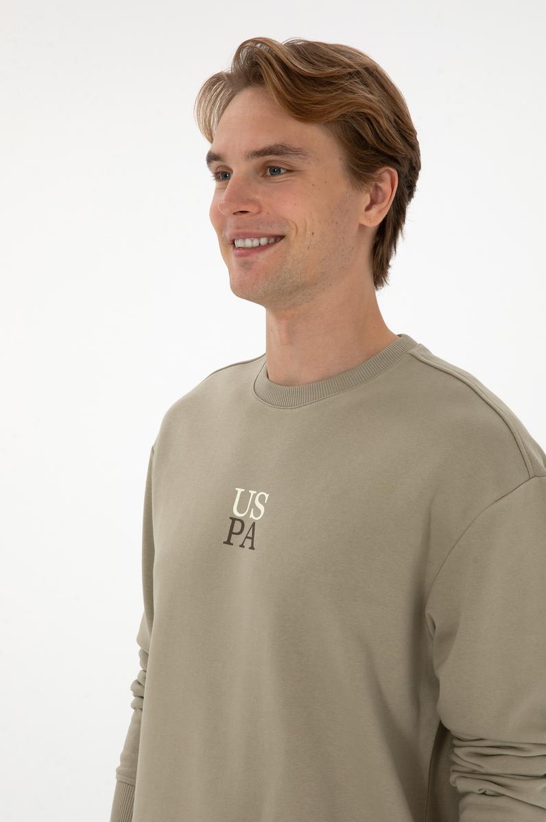 Erkek Bisiklet Yaka Comfort Fit Açık Haki Basic Sweatshirt