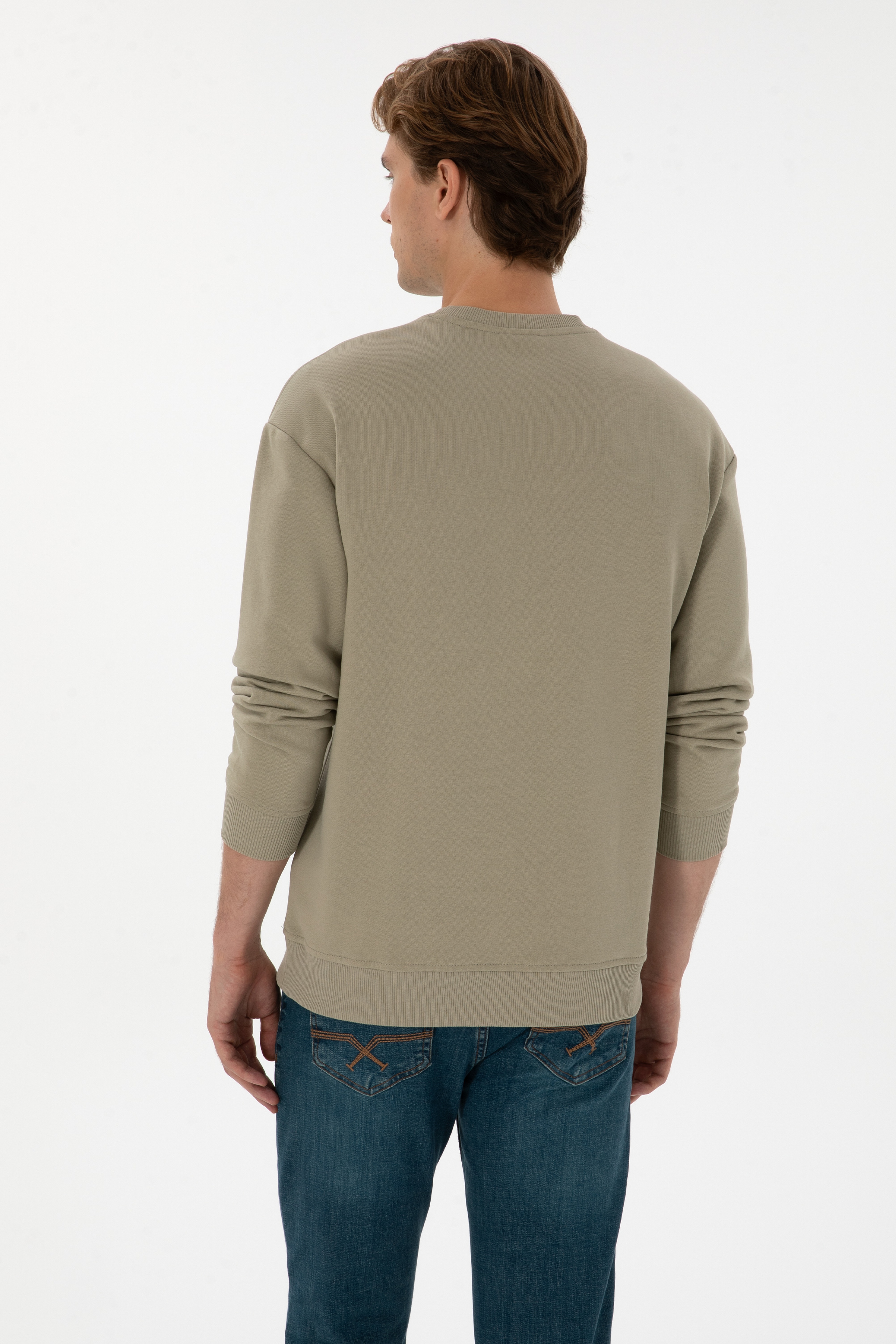 Erkek Bisiklet Yaka Comfort Fit Açık Haki Basic Sweatshirt - Image 5