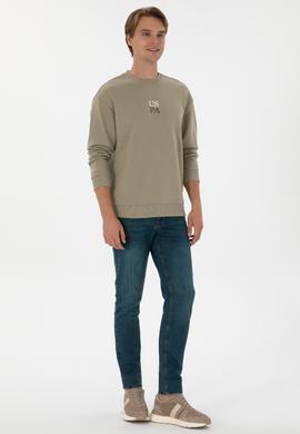 Erkek Bisiklet Yaka Comfort Fit Açık Haki Basic Sweatshirt - 50313760071