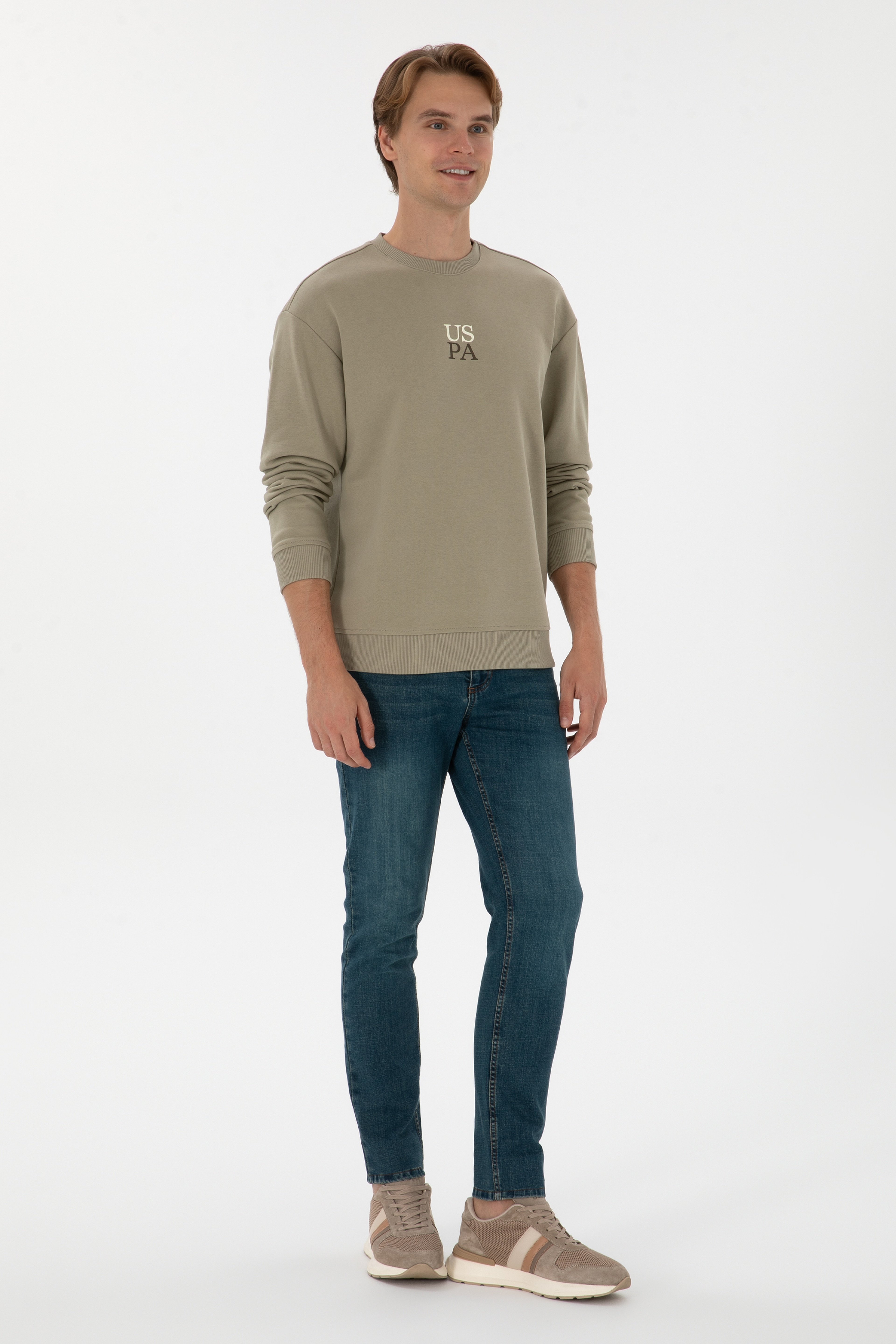 Erkek Bisiklet Yaka Comfort Fit Açık Haki Basic Sweatshirt - Image 4