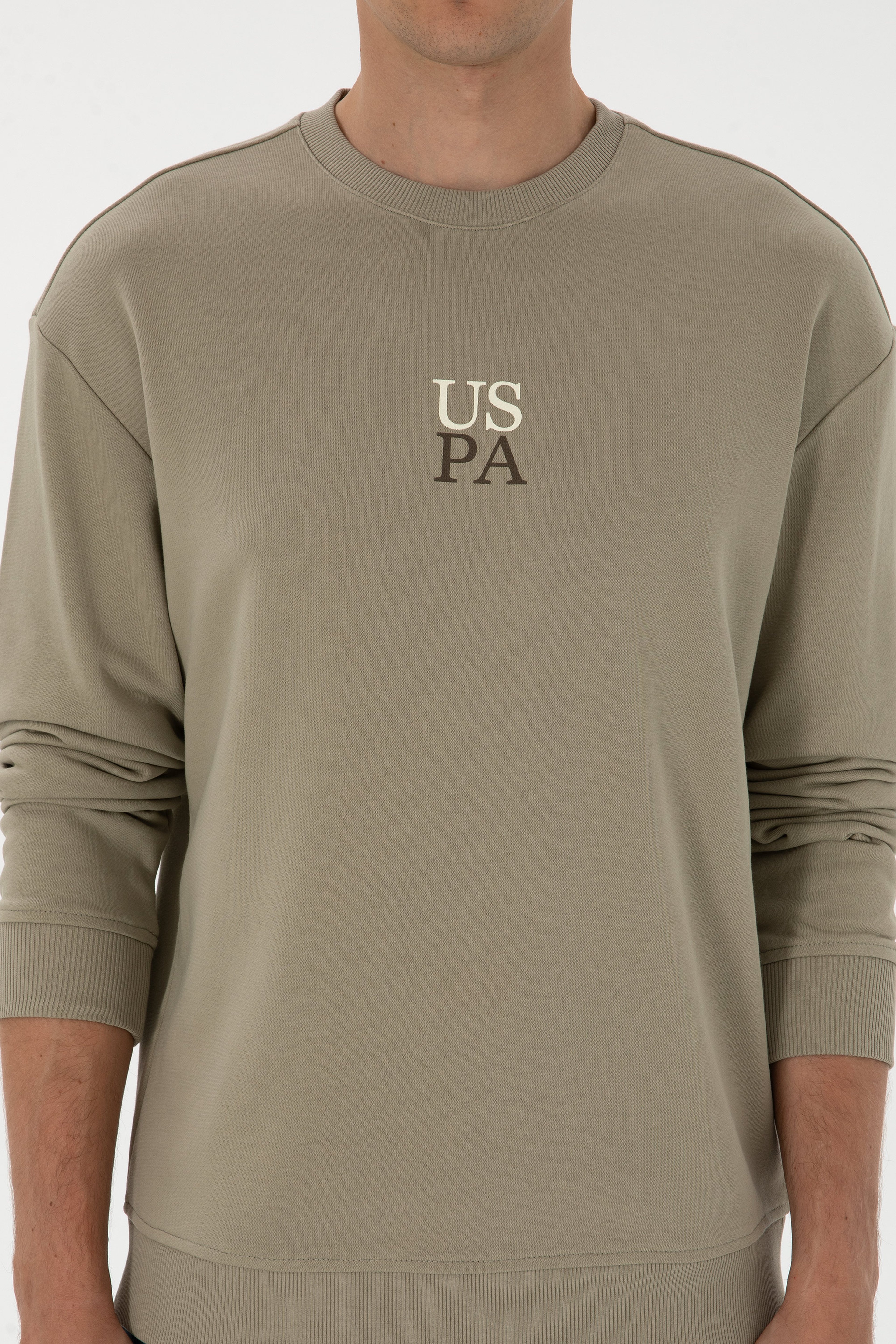 Erkek Bisiklet Yaka Comfort Fit Açık Haki Basic Sweatshirt