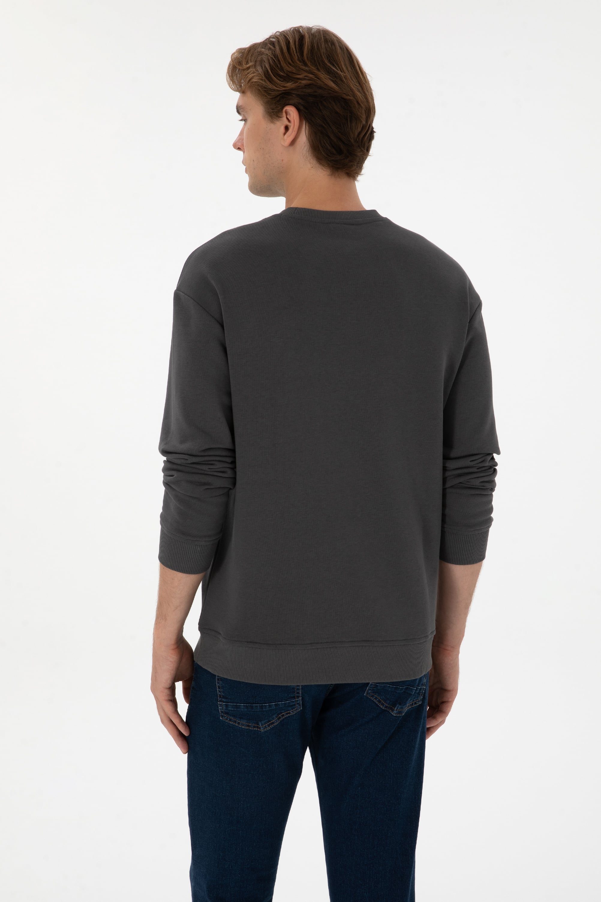 Erkek Bisiklet Yaka Comfort Fit Antrasit Basic Sweatshirt - Image 5