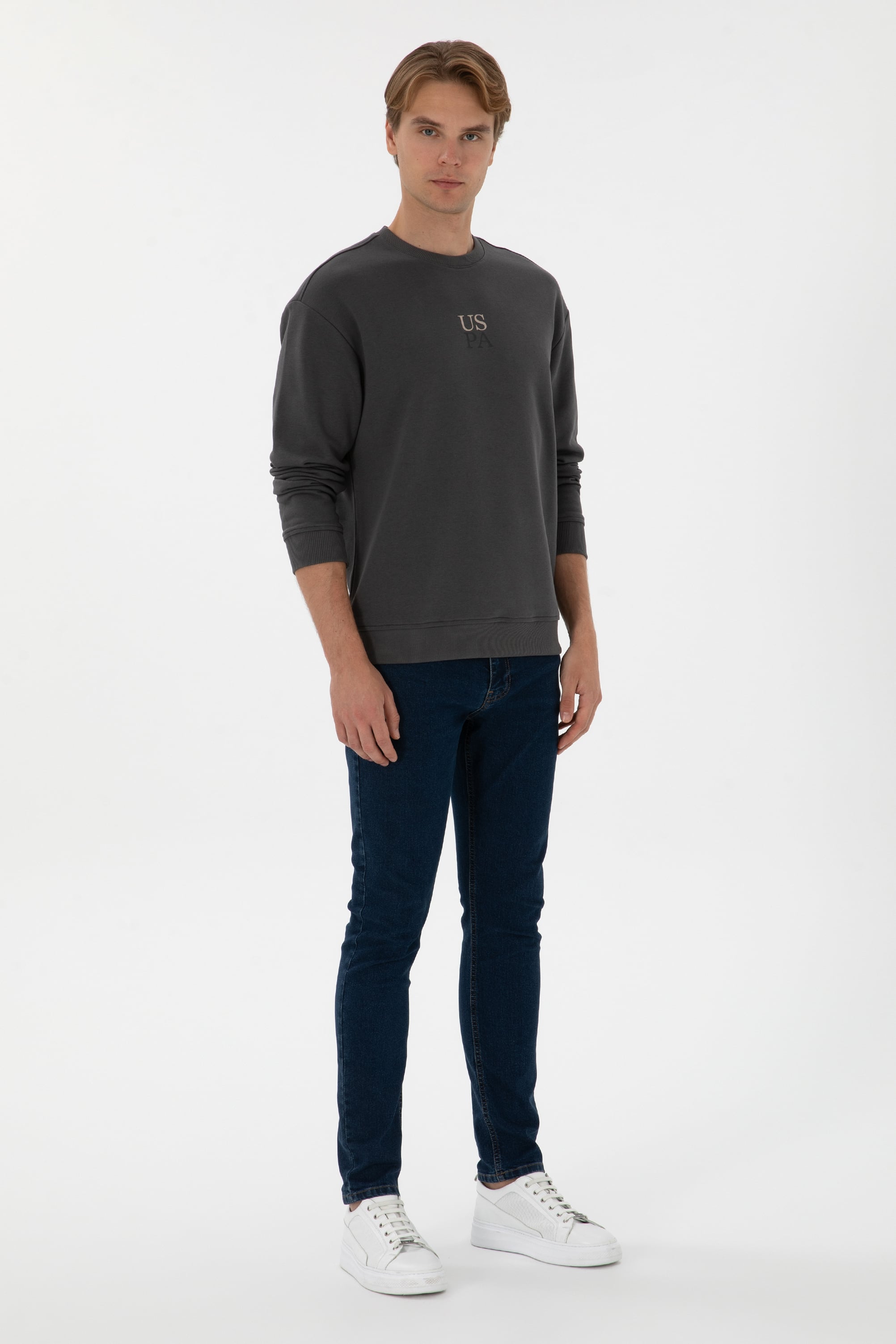 Erkek Bisiklet Yaka Comfort Fit Antrasit Basic Sweatshirt - Image 4