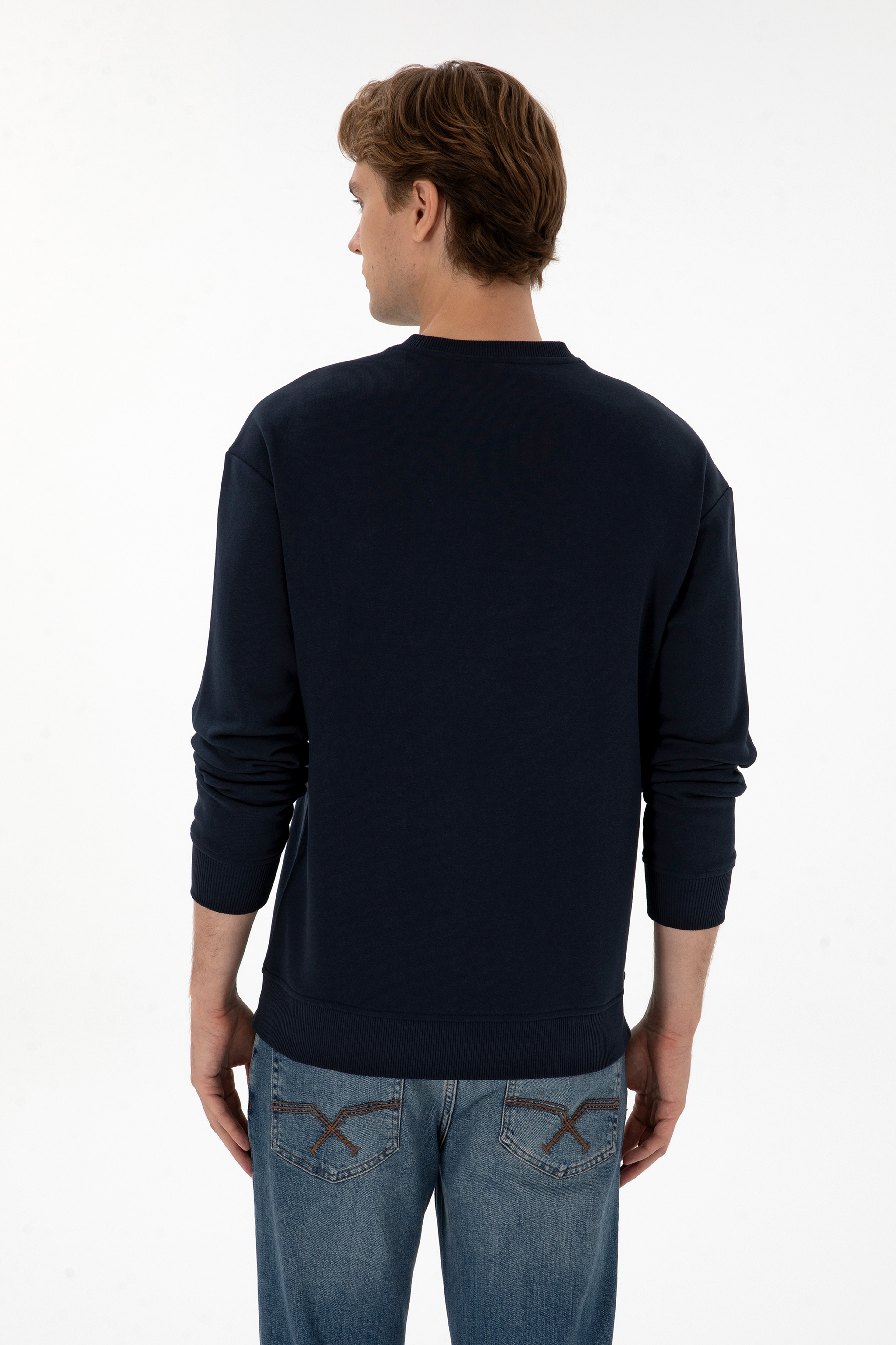 Erkek Bisiklet Yaka Comfort Fit Lacivert Basic Sweatshirt - Image 5
