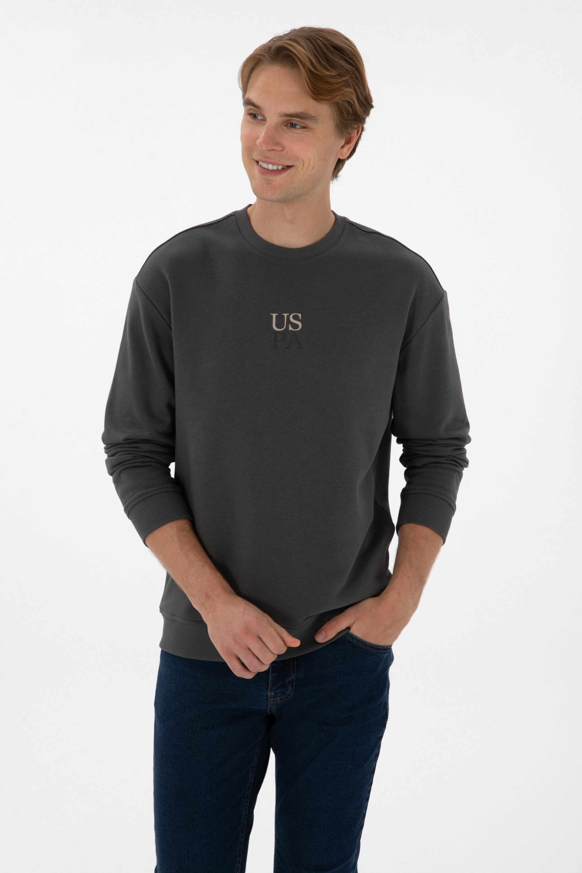Erkek Bisiklet Yaka Comfort Fit Antrasit Basic Sweatshirt - Image 1