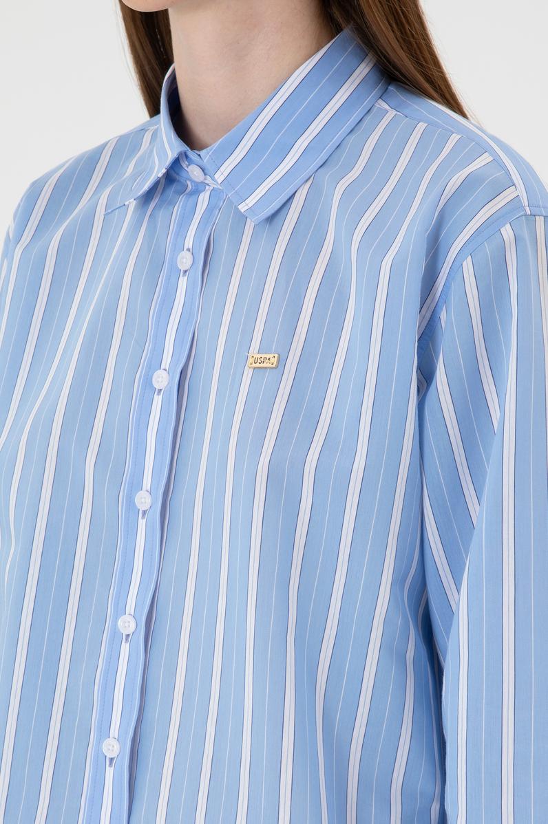 Kadın Açık Mavi Çizgili Uzun Kollu Gömlek
